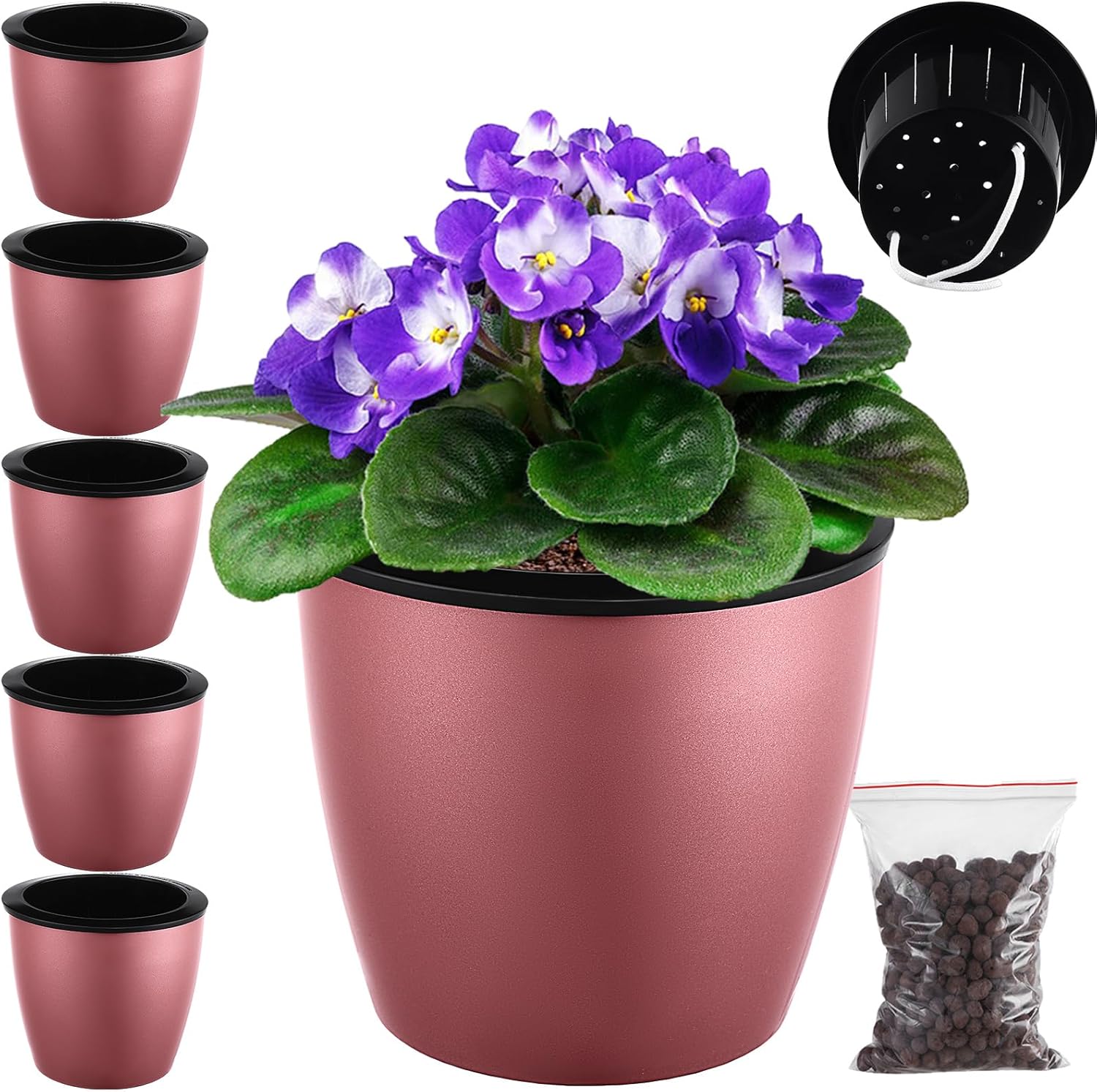 Planterhoma Paquete de 5 macetas de riego automático prémium para plantas de interior, oro rosa, 6.7 pulgadas