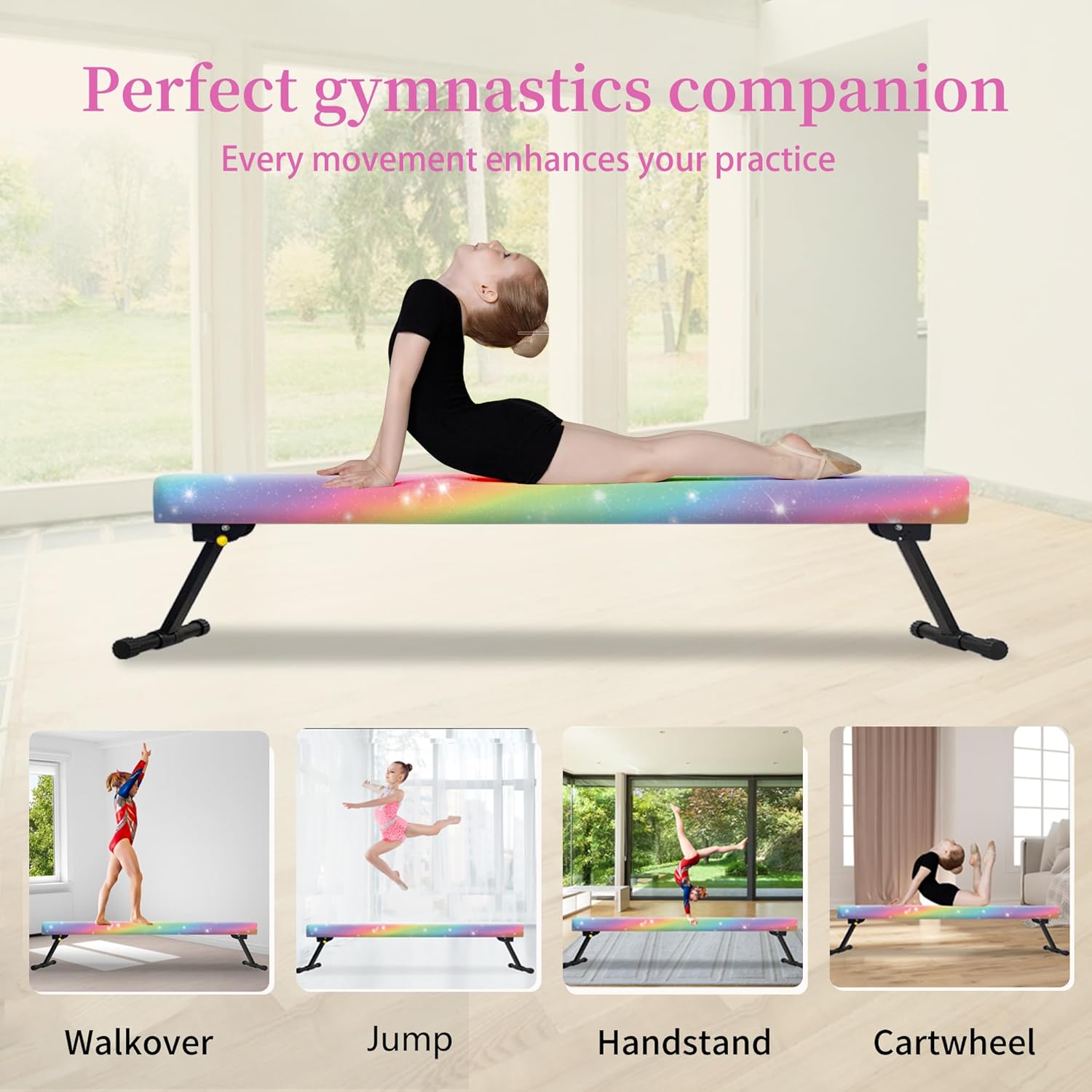 EL&ITWings Haz de equilibrio de gimnasia de 8 pies, haz de piso ajustable de nivel alto y bajo, altamente estable, equipo de entrenamiento de