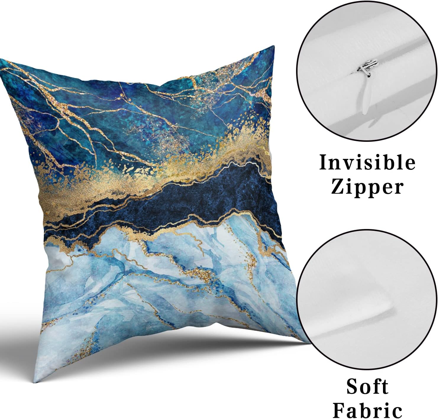 Kawani Juego de 2 fundas de almohada azul marino de 18 x 18 pulgadas, fundas de almohada de mármol abstracto dorado y verde azulado, turquesa,