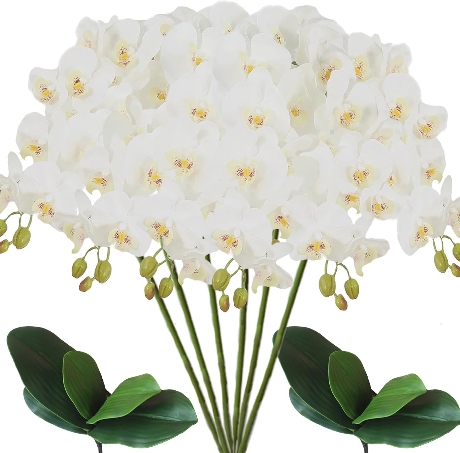 6 flores artificiales de Phalaenopsis con orquídeas falsas, plantas de tallo con 2 hojas para decoración (blanco)