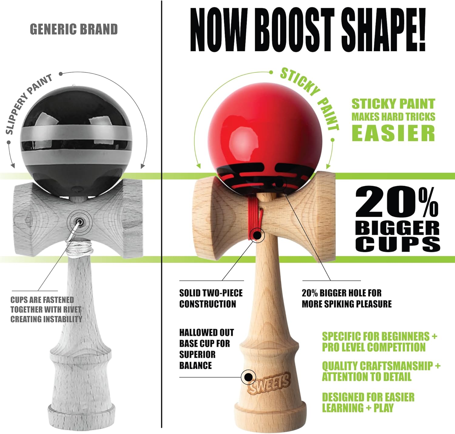 Sweets Kendamas Radar Boost Kendama – Pintura adhesiva, perfecta para principiantes, paquete de regalo de accesorios de cuerda extra (rojo)