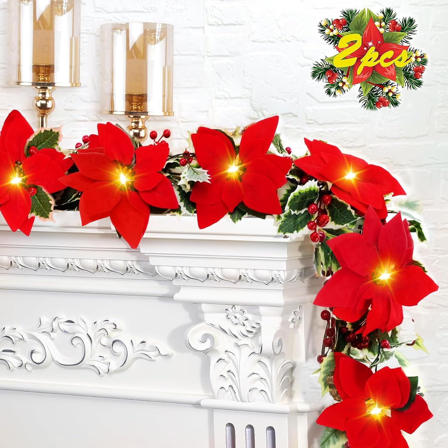 2 guirnaldas de Navidad decorativas  7.5 pies de flores de Pascua artificiales iluminadas con temporizador, guirnalda de Navidad para decoración de