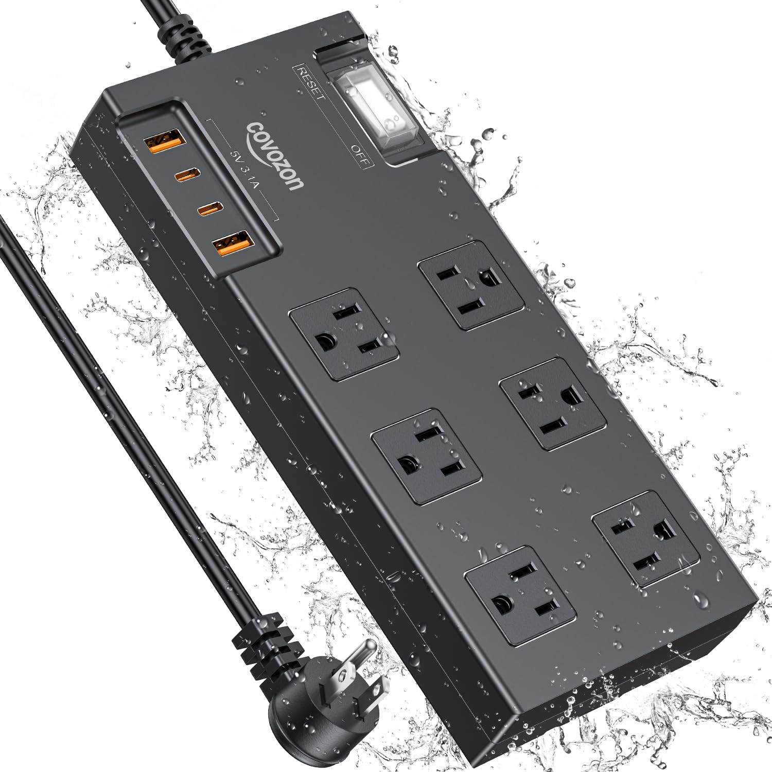 Regleta de alimentación IPX6 para exteriores, resistente a la intemperie, protector de sobretensiones impermeable con 6 tomas anchas y 4 puertos