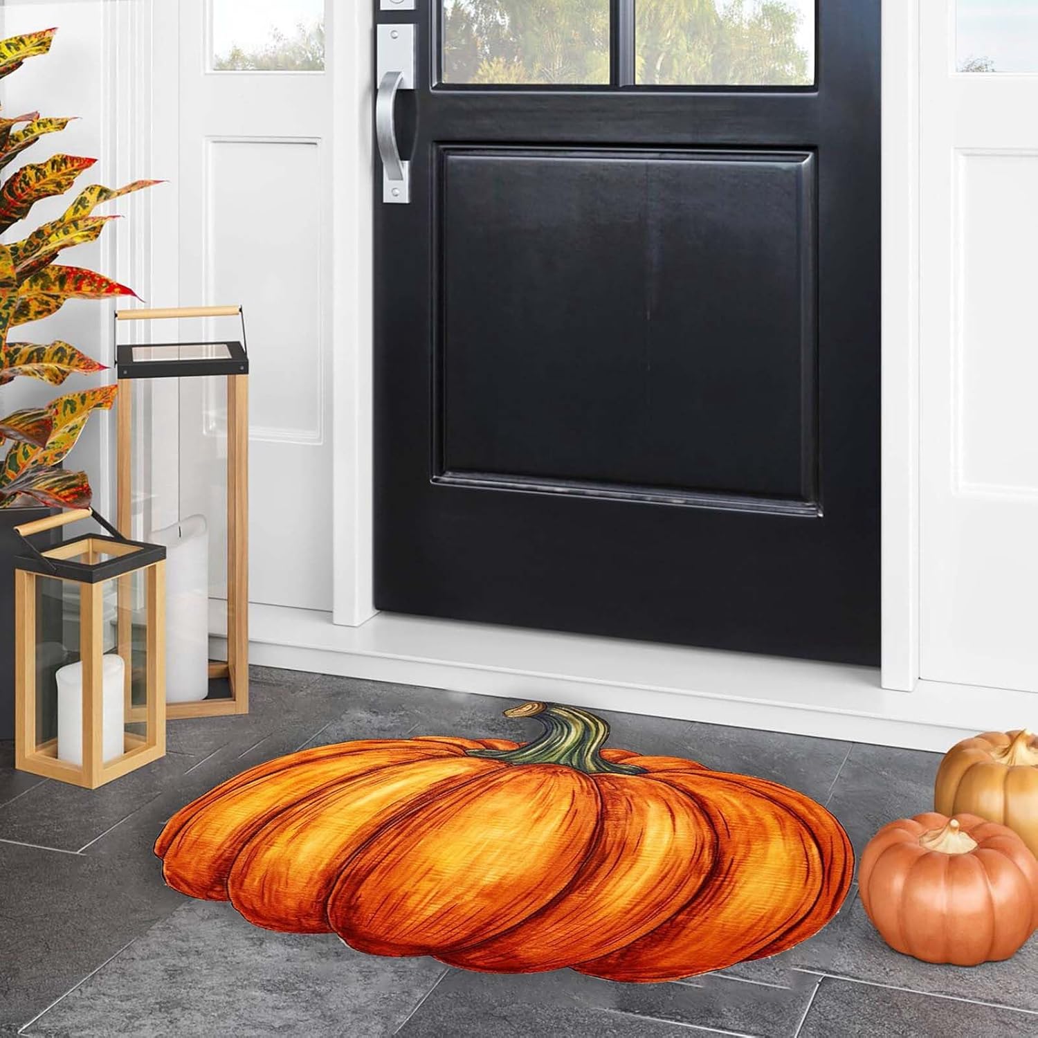 FRJINIE Alfombra de calabaza de otoño, 31 x 22 pulgadas, antideslizante, lavable, tapete de bienvenida, bonito tapete de Halloween, Acción de