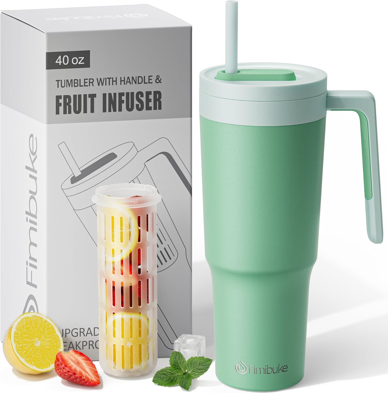 Fimibuke Vaso de 40 onzas con asa e infusor de frutas, taza aislada al vacío de acero inoxidable con tapa y pajilla, botella de infusión de agua,