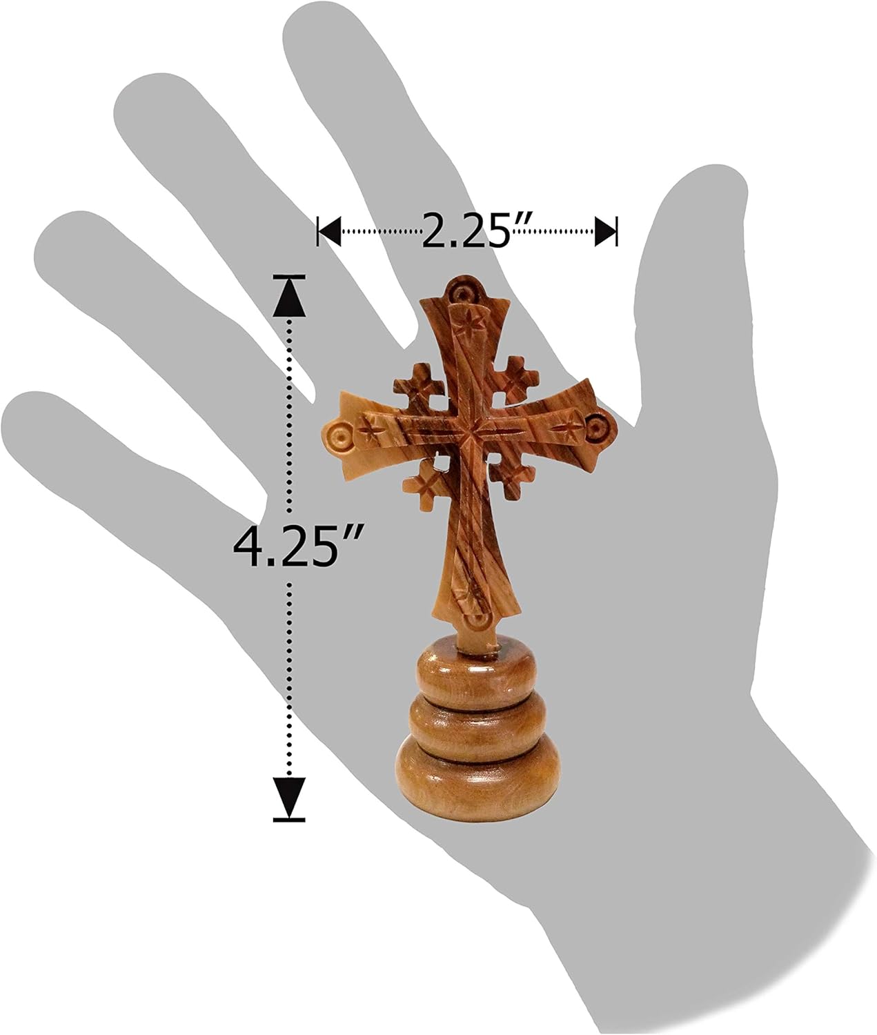 Combo de cruz de Jerusalén de pie de madera de olivo de Tierra Santa de Israel, mediano, cruz tallada a mano en soporte, 4.25 pulgadas