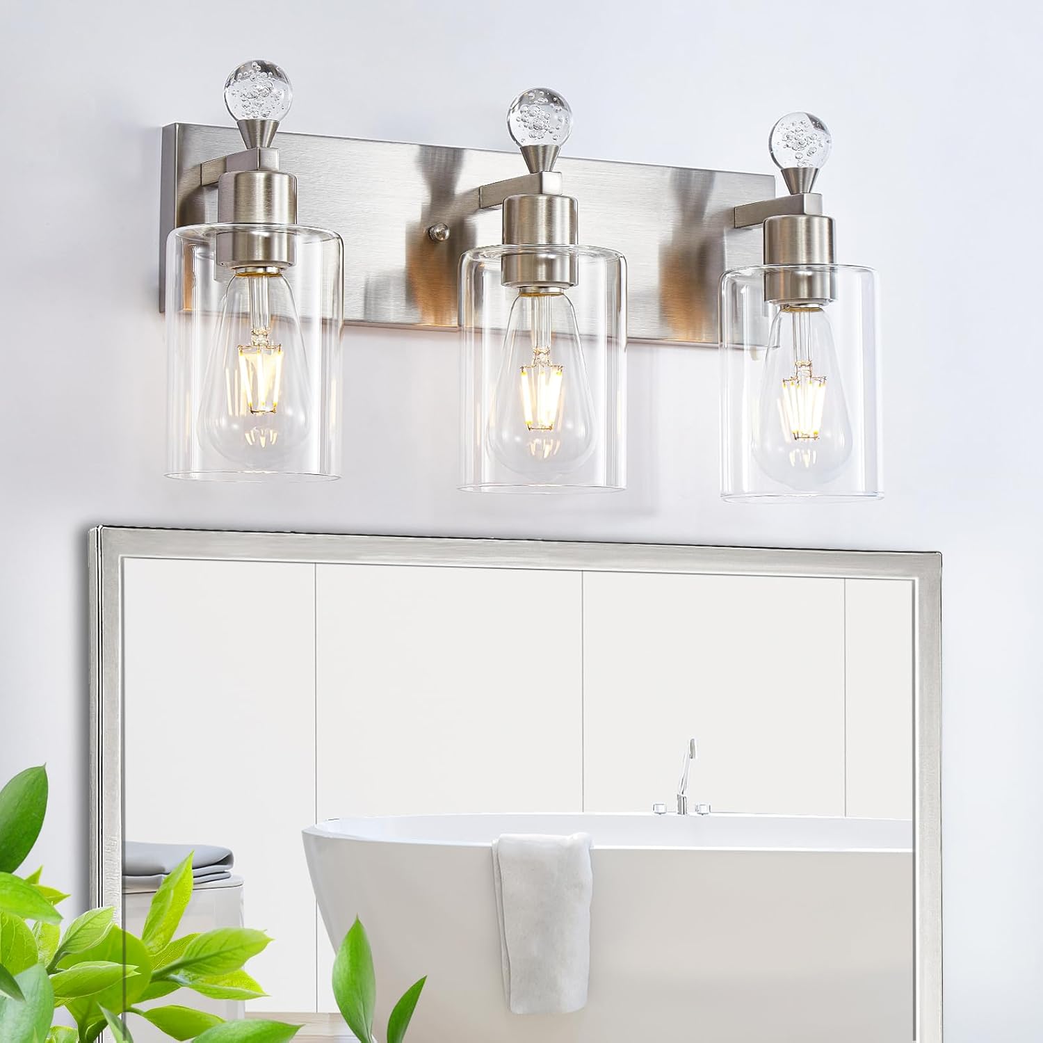 Lámparas de baño de 3 luces, lámpara de tocador de baño de níquel cepillado, accesorios de iluminación de tocador con pantalla de vidrio resistente,