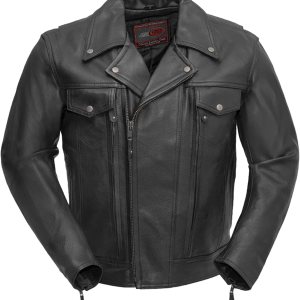 First Mfg Co – Mastermind – Chaqueta de cuero negro para hombre First Mfg Co – Mastermind – Chaqueta de cuero negro para hombre