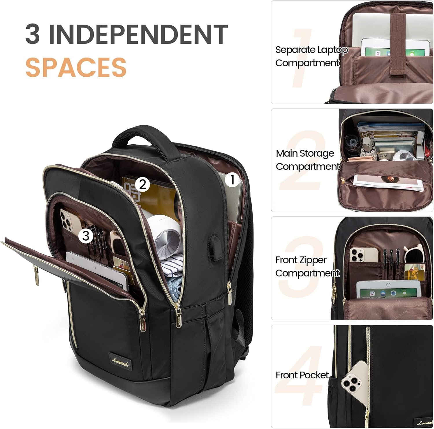 LOVEVOOK Mochila para computadora portátil para mujer, mochila para profesores, enfermeras, trabajo, viajes, mochila para computadora, Negro-1,
