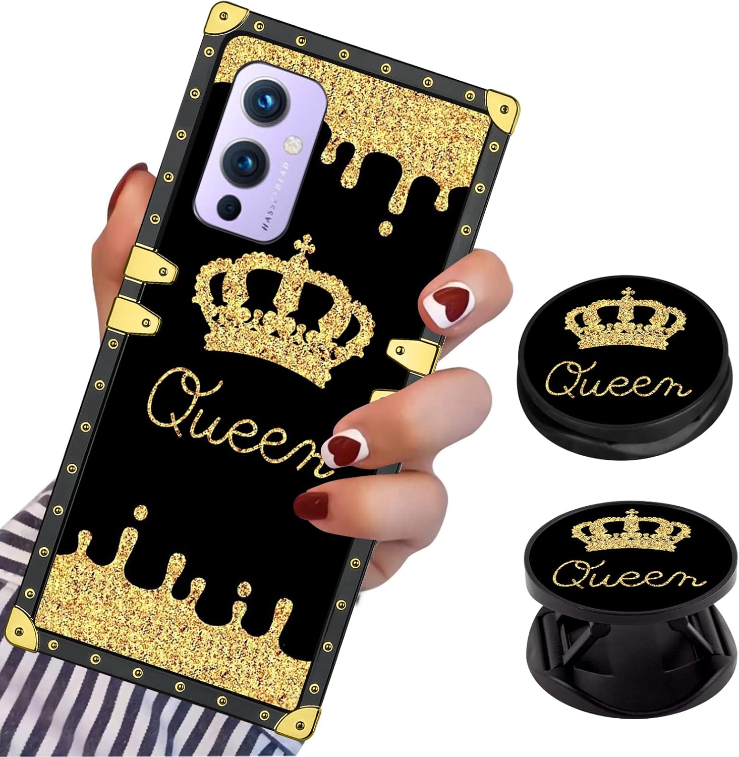 LSL Compatible con OnePlus 9 5G Funda cuadrada para teléfono, Queen Golden Crown de lujo, revestimiento de poliuretano termoplástico de lujo, a