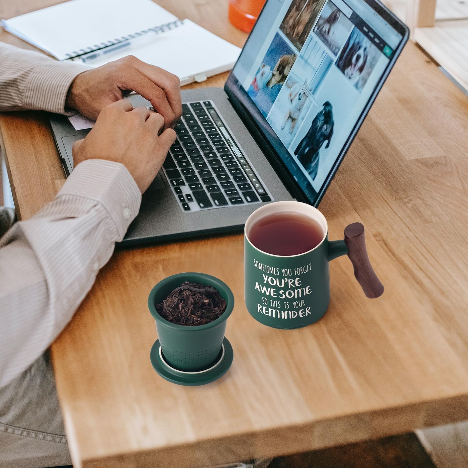 Breleidy Taza de té de cerámica con infusor y tapa, taza de café con mango de madera con colador para remojar hojas sueltas, regalo ideal para los