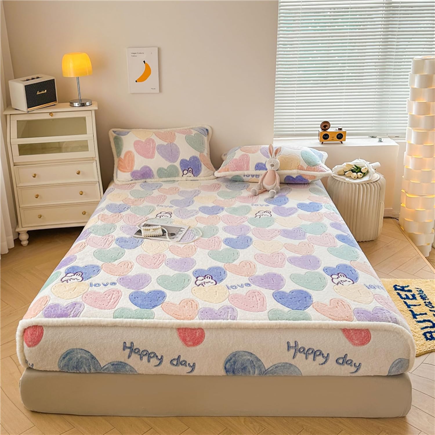 Sábana bajera ajustable solo Queen, funda de colchón de dibujos animados, sábana de cama de felpa, cálida y elástica, suave colcha para niños, color