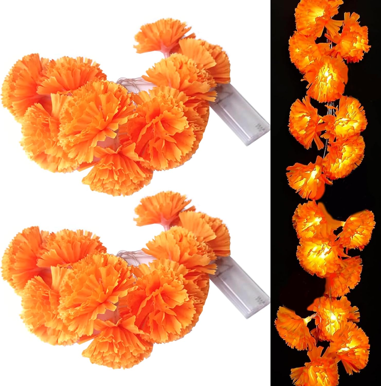 Guirnalda de flores de caléndula, 2 guirnaldas de caléndula de 9.85 pies con 20 luces LED, decoración de guirnalda del día de los muertos para
