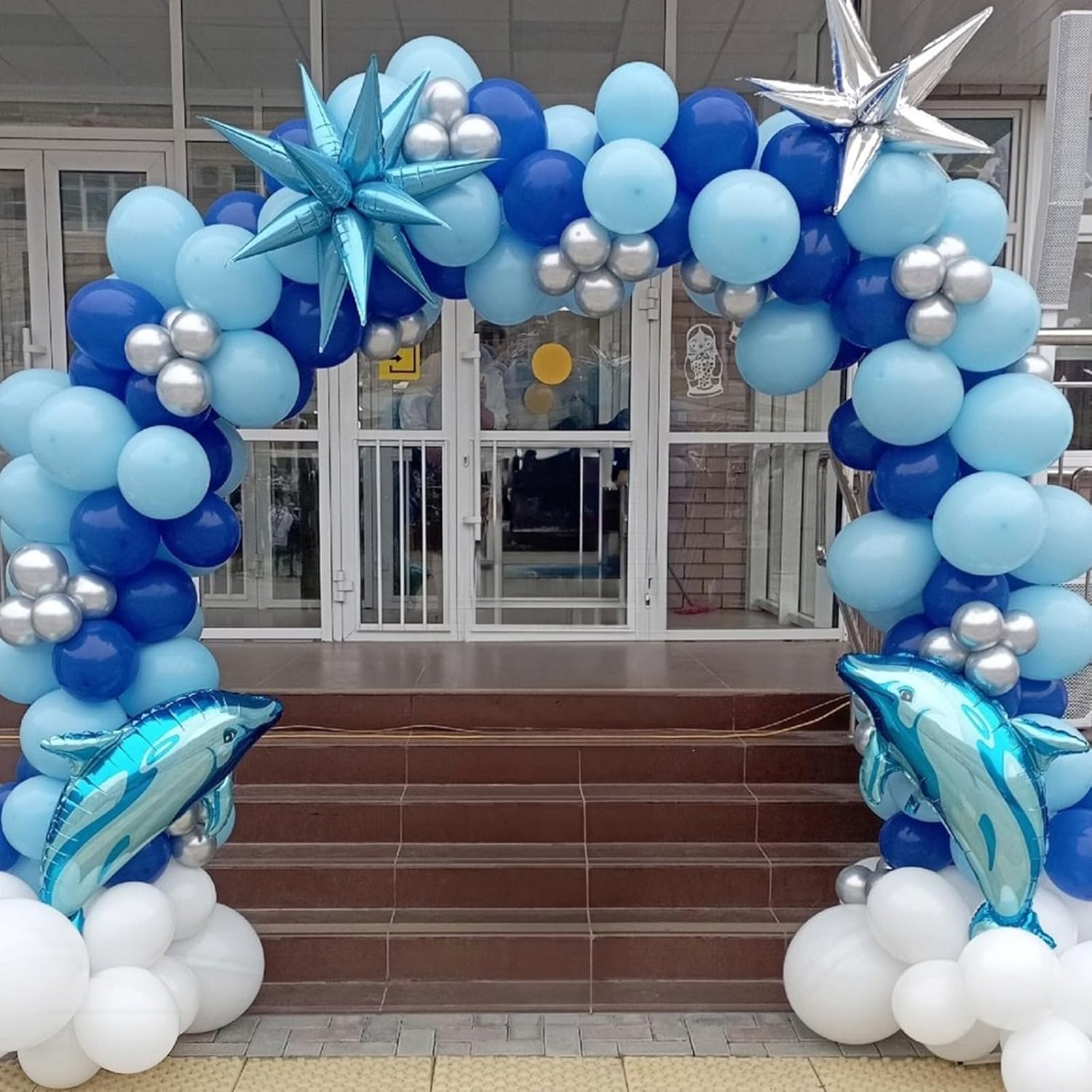 Kit de arco de guirnalda de globos azules, 112 paquetes de globos azules mezclados con globos de aluminio Starburst de 18, 12, 10, 5 pulgadas para