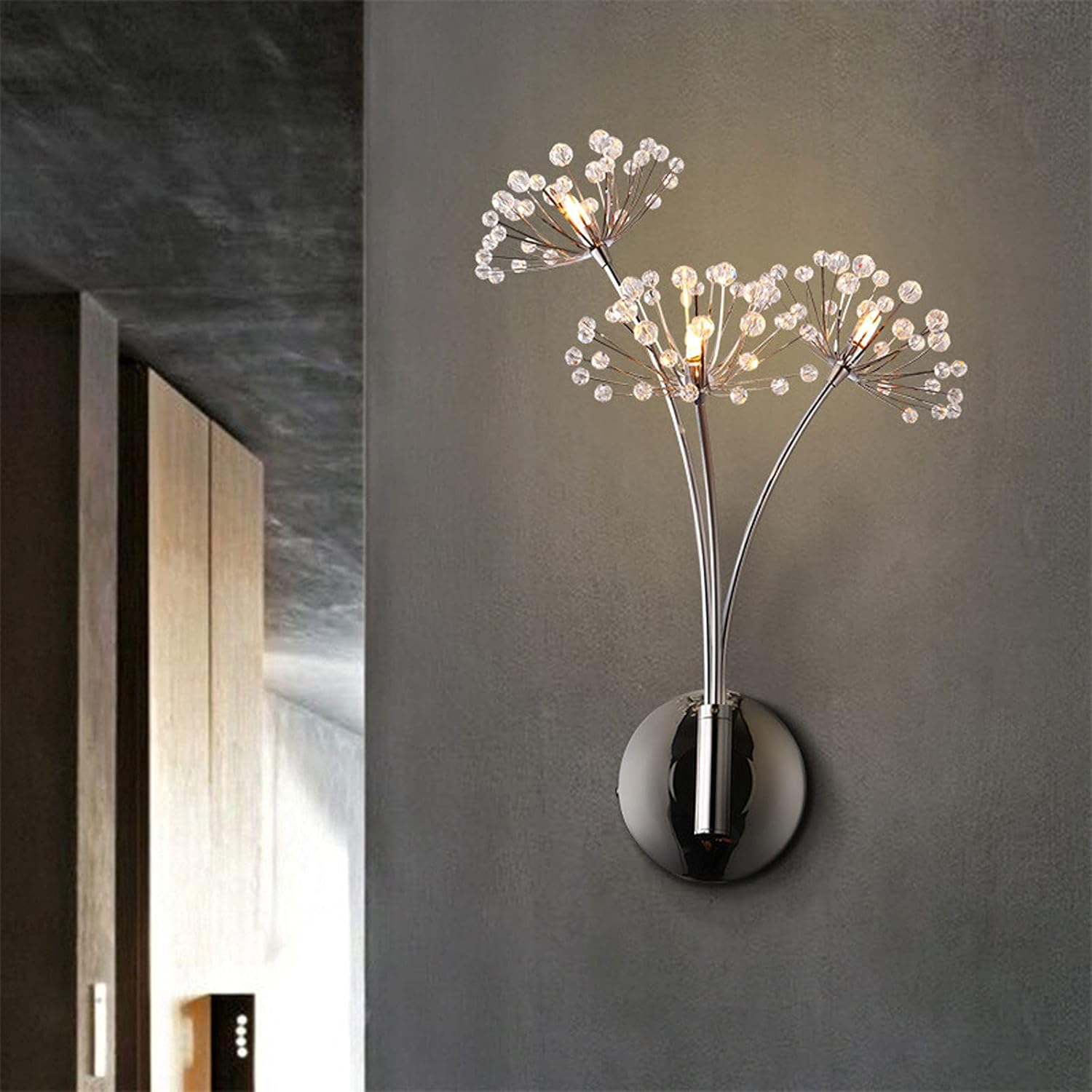 HAOREBAIYU Aplique de pared LED de cristal, lámpara de pared moderna de diente de león de 3 luces, lámpara de pared para dormitorio, mesita de