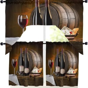 Swag Valances Window for Kitchen 3PCS, Red Wine Cups Wine Barrel Pole Pocket 1 Swag Valance and 2 Tiers Small Treatment Curtain Treatment Panel Set Swag Valances Window for Kitchen 3PCS, Red Wine Cups Wine Barrel Pole Pocket 1 Swag Valance and 2 Tiers Small Treatment Curtain Treatment Panel Set