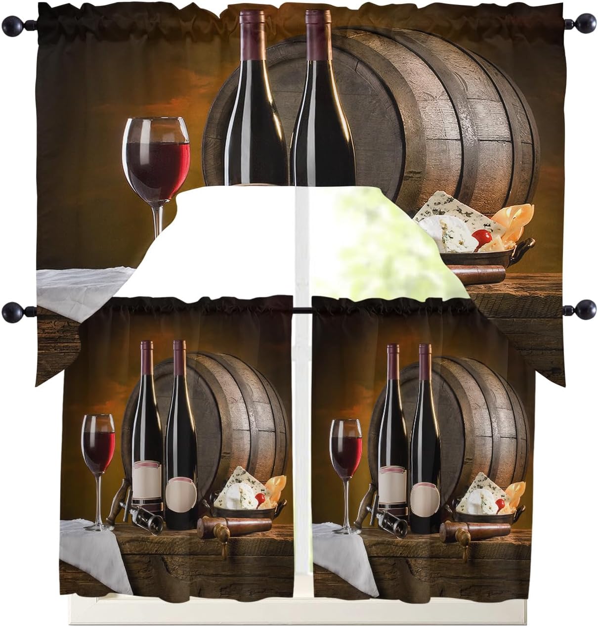 Swag Valances Window for Kitchen 3PCS, Red Wine Cups Wine Barrel Pole Pocket 1 Swag Valance and 2 Tiers Small Treatment Curtain Treatment Panel Set