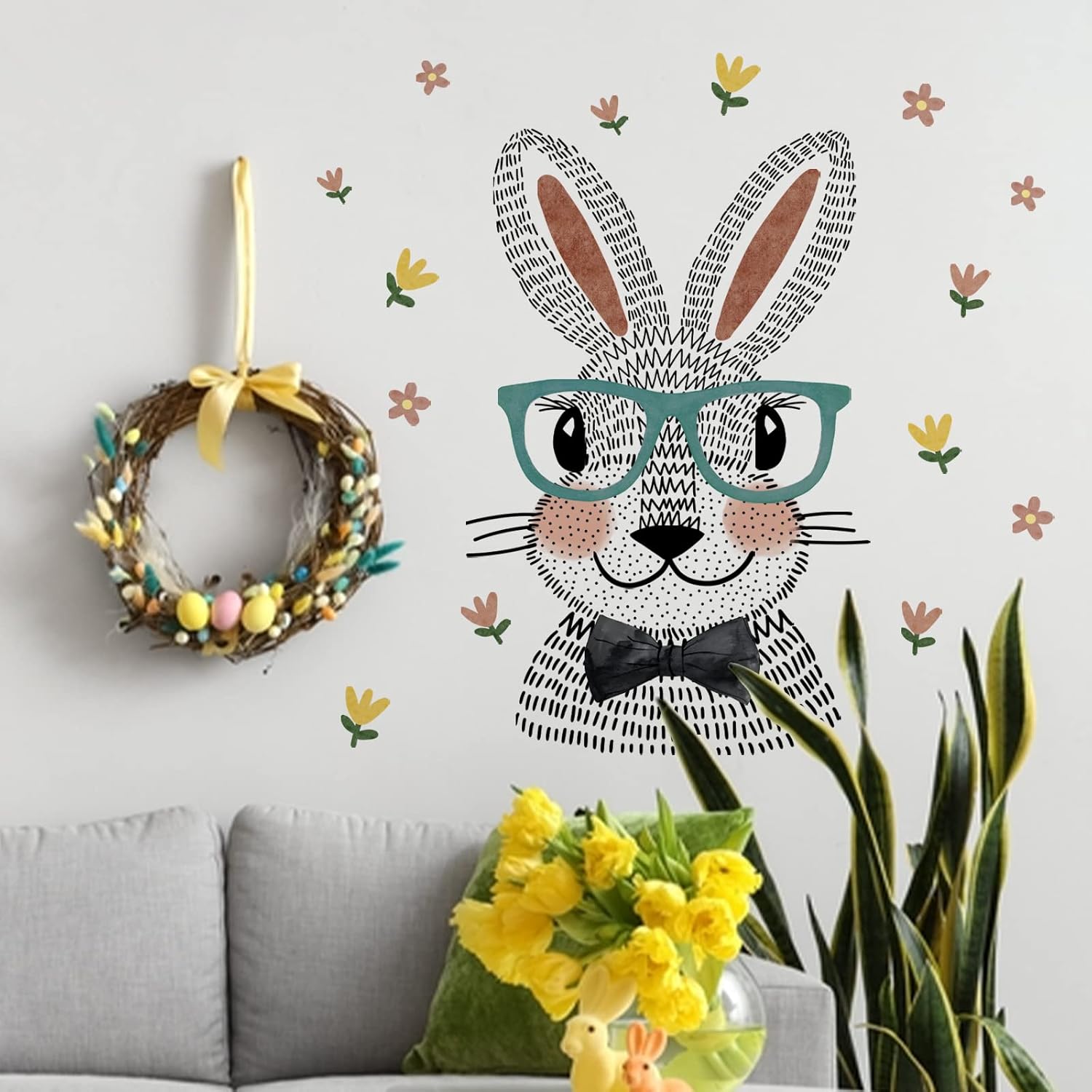 Yovkky Calcomanías de pared de conejo de dibujos animados, lindo conejito con anteojos, flores, guardería, habitación de niños, decoración