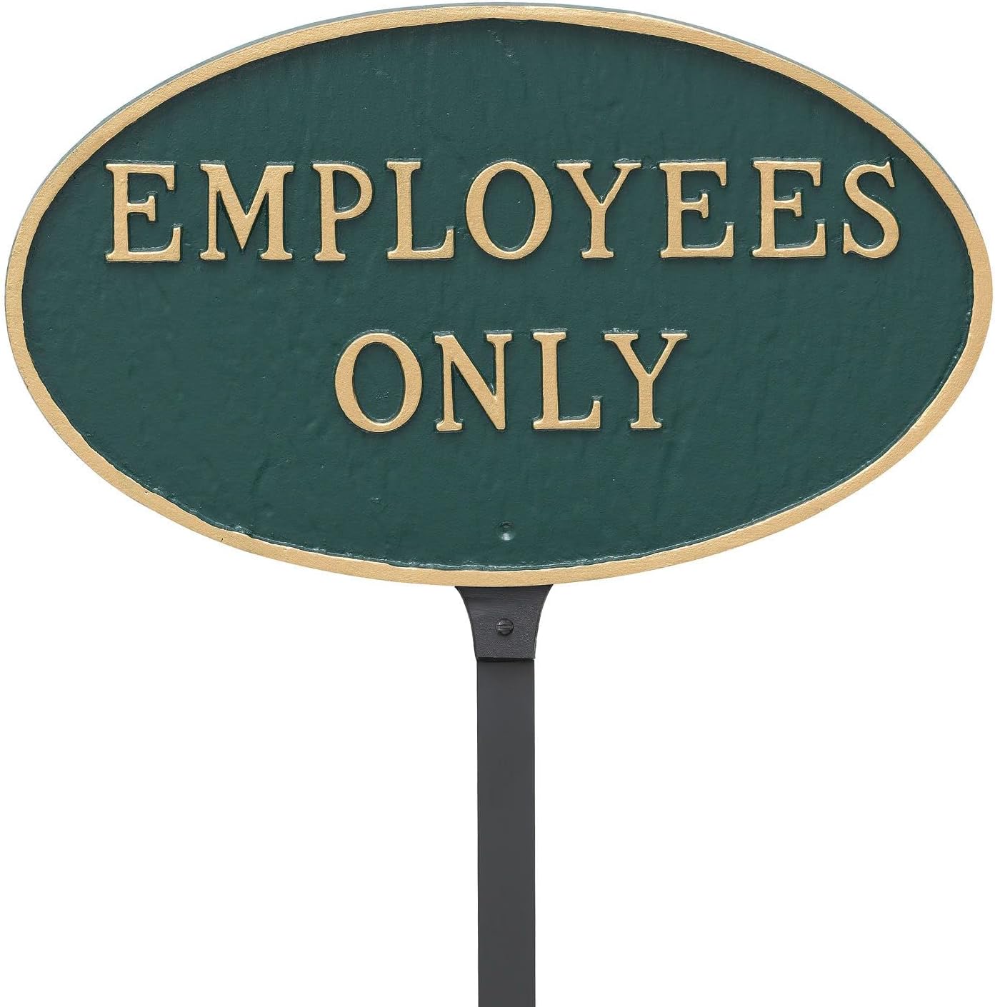Placa ovalada de metal fundido con texto en inglés “Employees Only” – Placa de exhibición para césped o pared – Letrero de seguridad empresarial –