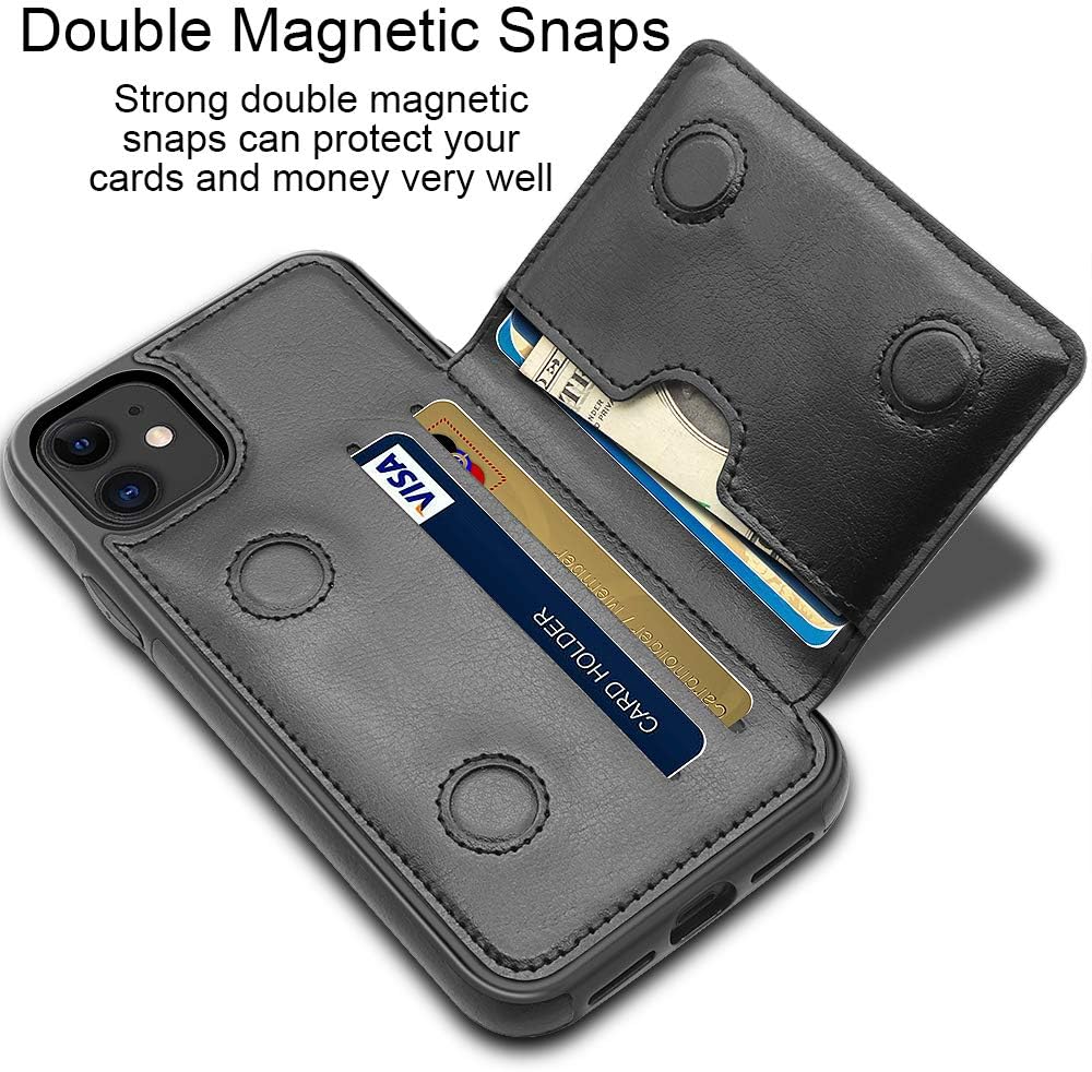 LakiBeibi Funda para iPhone 11 con tarjeteros, doble capa, ligera, delgada, de piel, tipo cartera, con tapa y cierre magnético, funda protectora