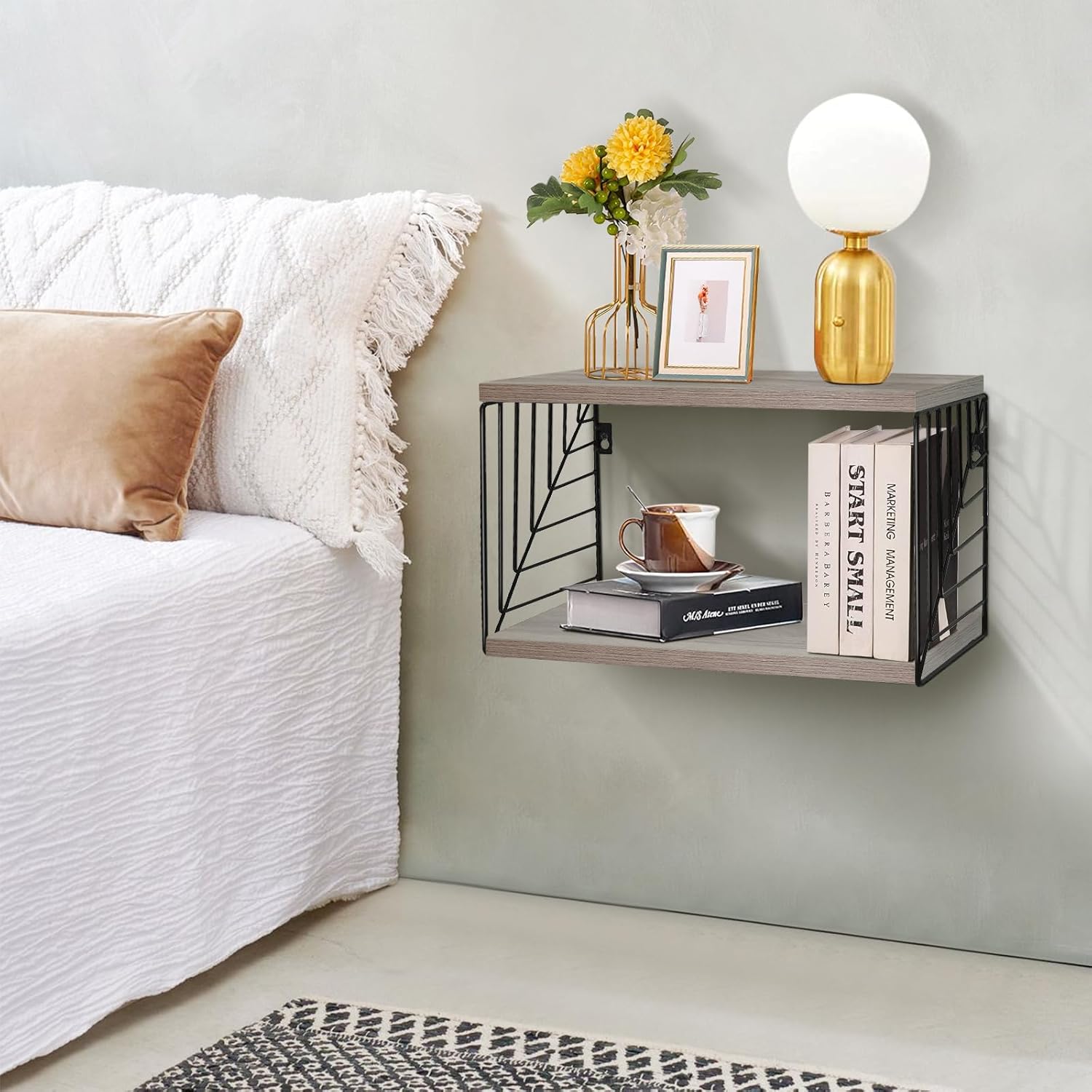 Unistyle Mesita de noche flotante moderna montada en la pared, estante flotante de pared de 2 niveles, estantes para almacenamiento en pared,
