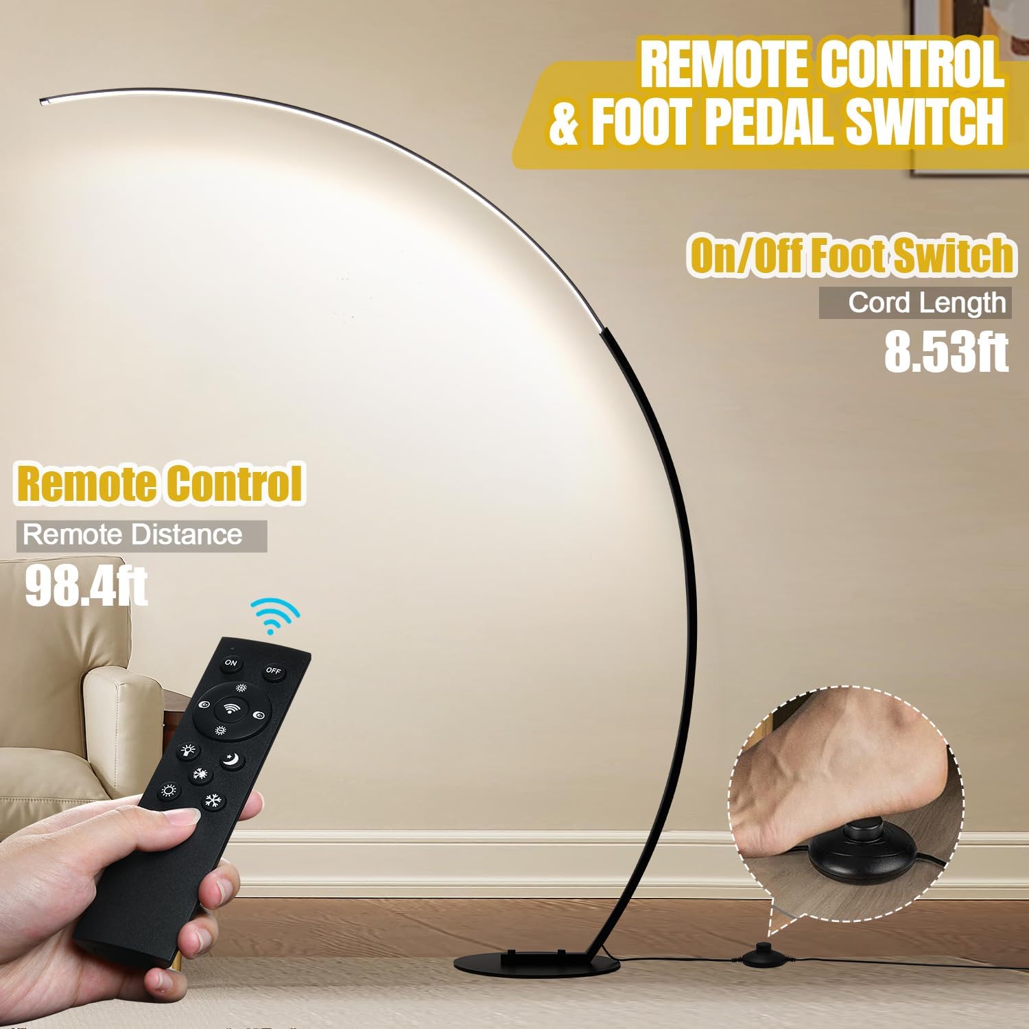 Lámpara de pie LED regulable con 3 temperaturas de color, lámparas de pie de arco ultra brillantes de 2000 lm para sala de estar, lámpara alta de