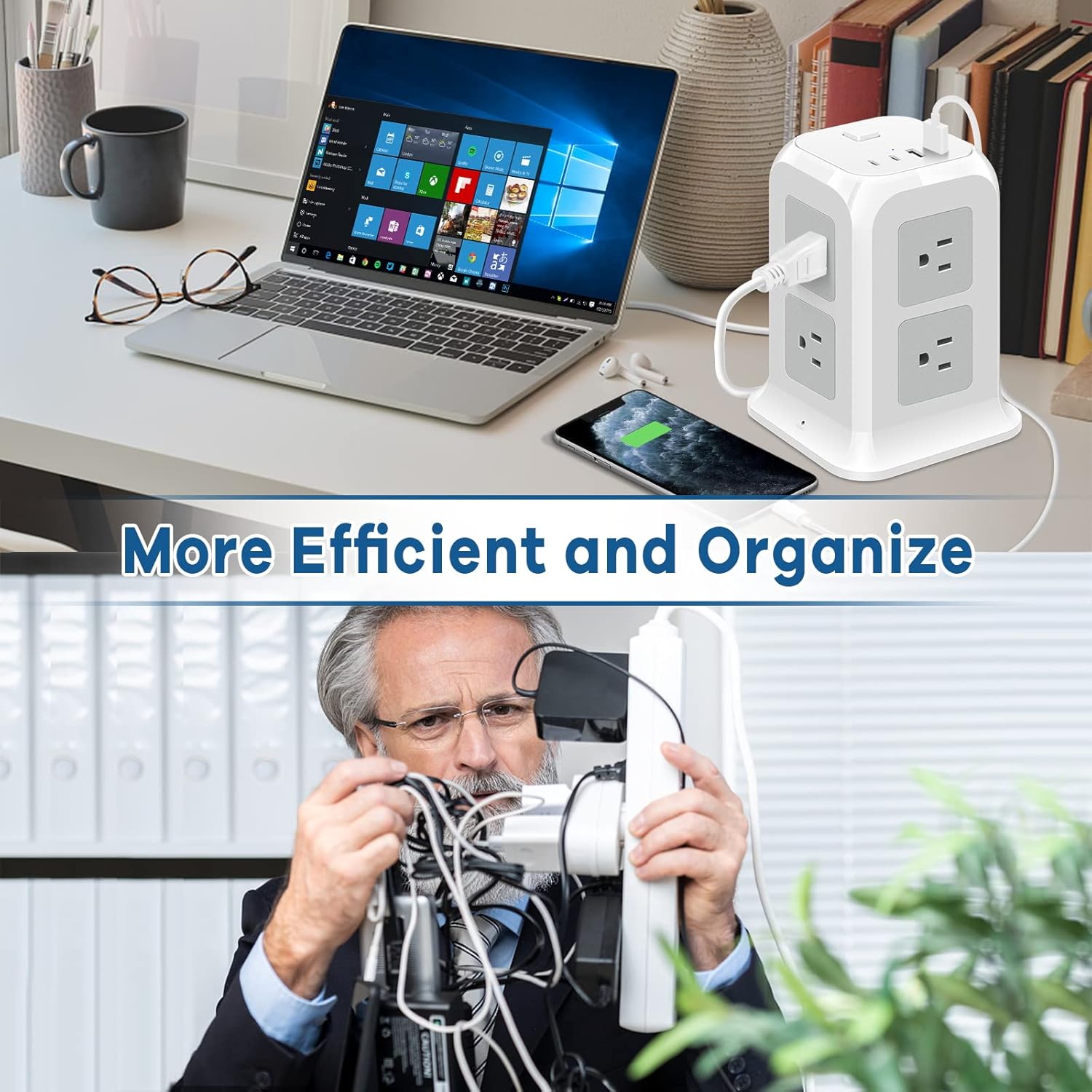 ODOM Torre de regleta USB C con 8 tomas de corriente + 4 puertos USB (2 USB C) + cable de extensión de 6 pies, protector de sobretensiones múltiples