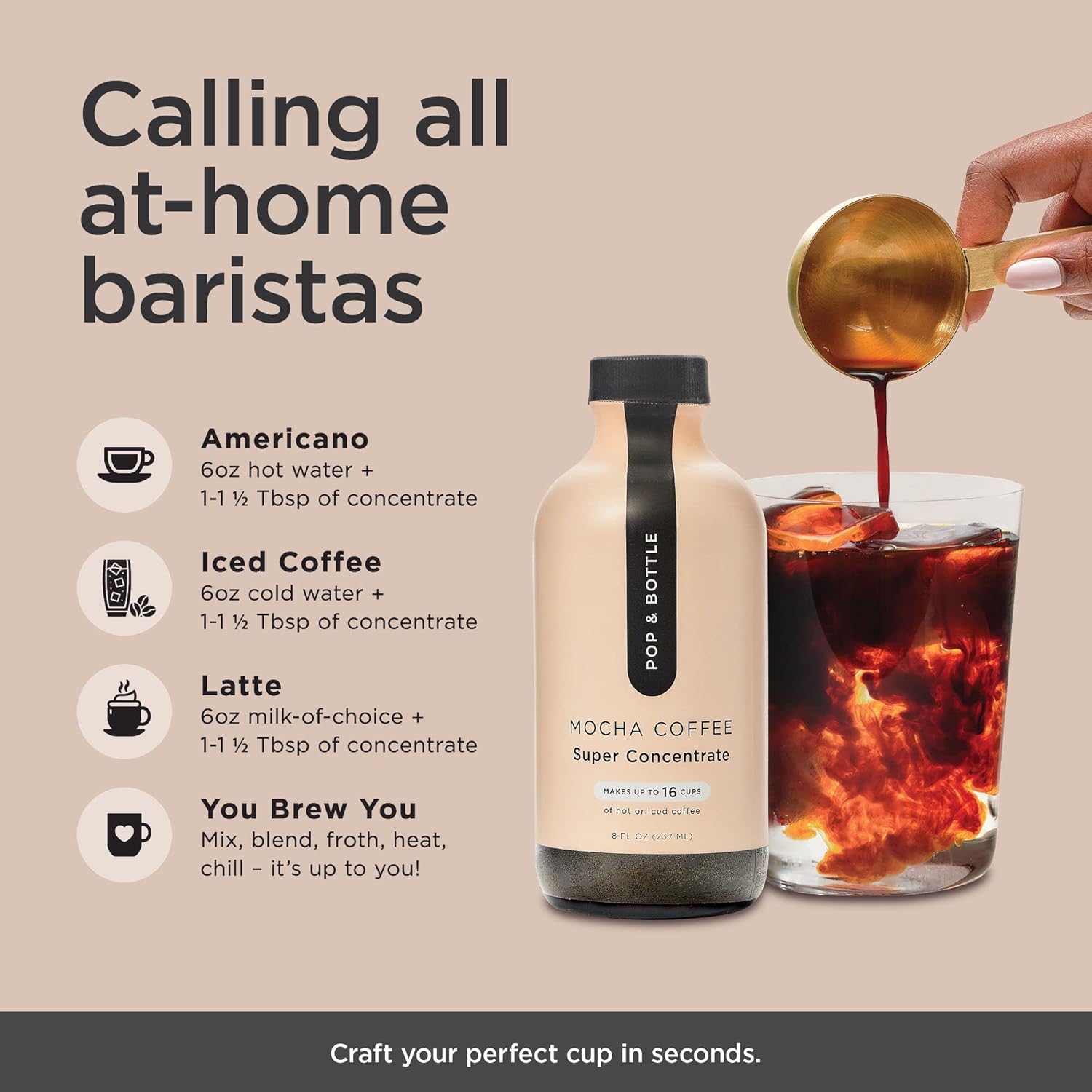 Pop & Bottle Super Concentrate – Café frío instantáneo, café caliente o helado, sin azúcar refinado, sin lácteos, hace hasta 16 tazas, gran
