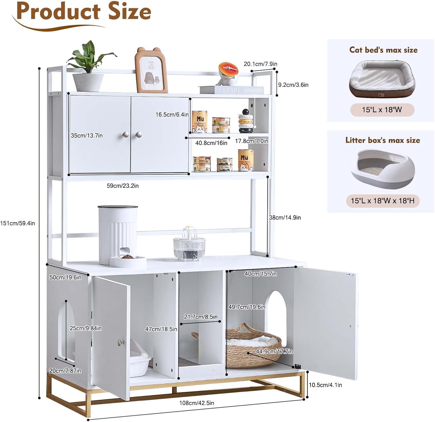 Caja de arena para gatos, caja de arena grande oculta para gatos de 60 pulgadas con estante, muebles de casa para gatos de interior con almohadilla