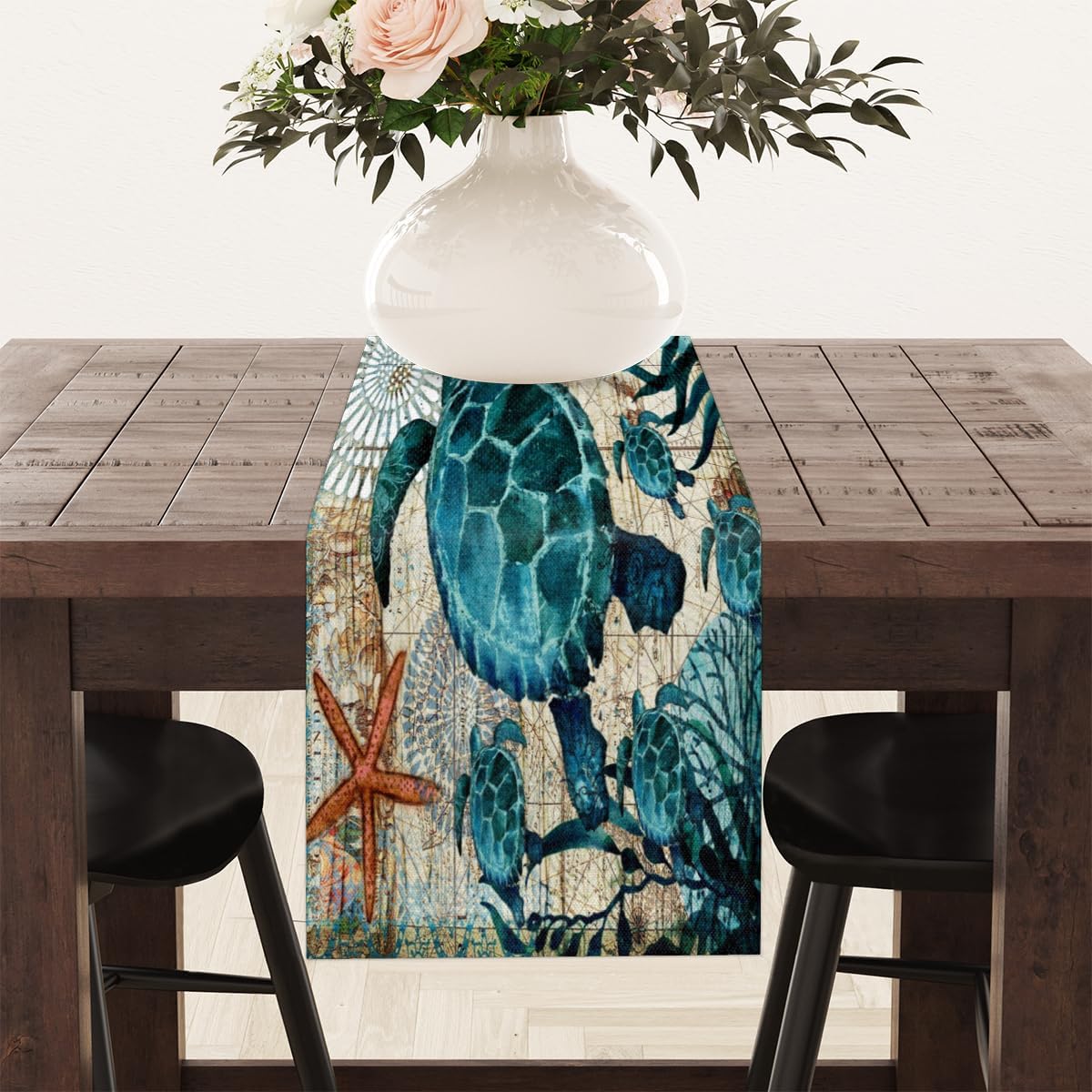 Camino de mesa con diseño de tortugas de animales del océano, mantel de lino rústico de otoño, para cocina, comedor, decoración para fiesta en el