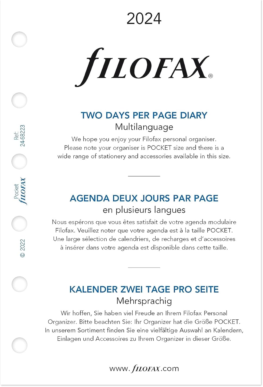 Filofax Recambio de diario de calendario, tamaño de bolsillo, dos días en una página, papel blanco, sin rayas, trilingüe, 2024 (C68223-24)