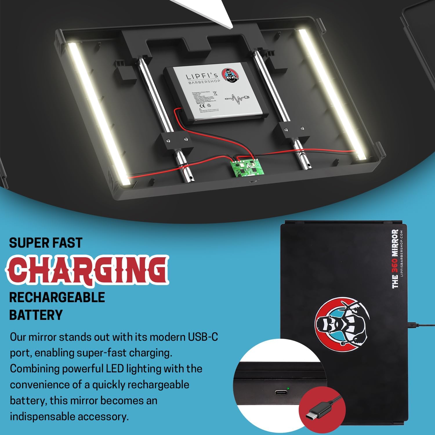 LIPFISBARBERSHOPCOM Espejo de 360 - Espejo de 3 vías para corte de pelo automático con ganchos telescópicos ajustables en altura negro con luces LED - Imagen 6