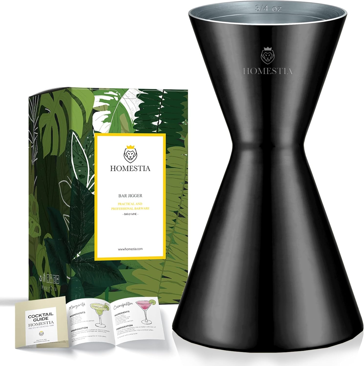 Homestia Jigger de cóctel doble minimalista con medidas (onzas y ml y cucharadas), jigger negro para medir tiro de barman, jigger de medición de