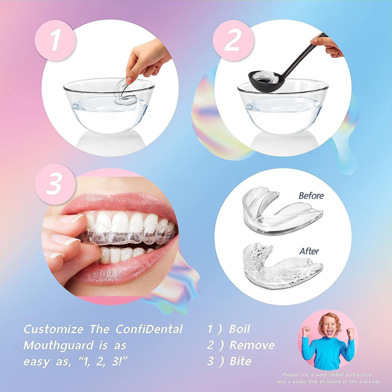 Protector bucal para rechinar los dientes por la noche, 2 modelos para niños o pequeñas, paquete de 6 protectores nocturnos dentales moldeables para