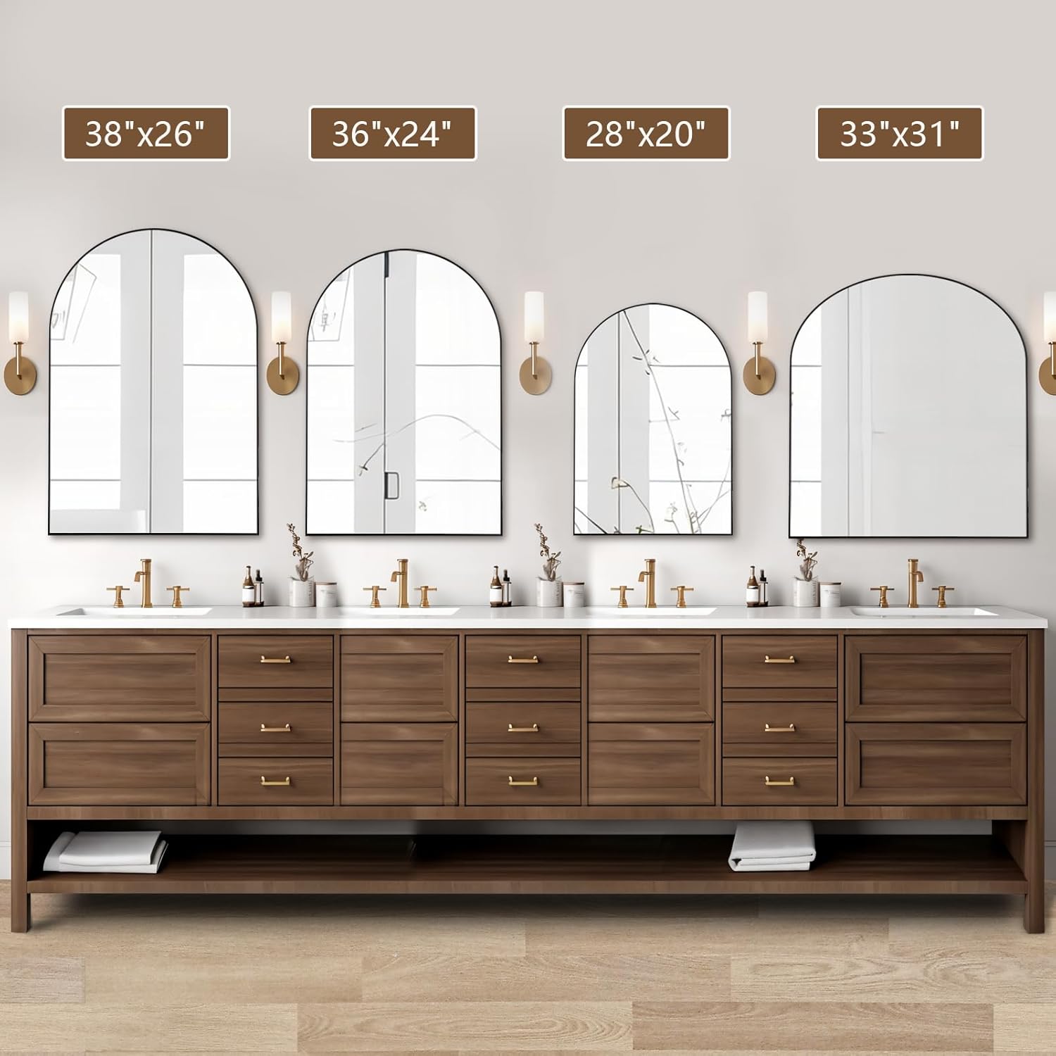 Mirrorons Espejo de baño arqueado de 33 x 31 pulgadas, espejo de pared moderno negro con marco de metal, espejo de tocador de baño con parte