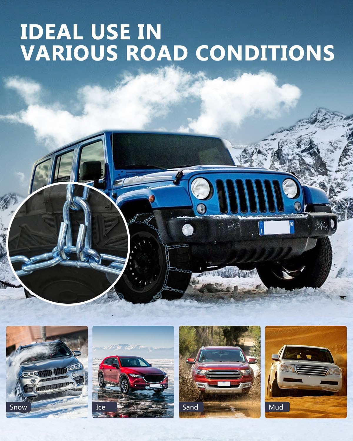 SCITOO QG3229CAM – Cadenas de nieve para automóvil, camioneta, SUV, cadena de tracción universal de neumáticos de emergencia, cadenas de neumáticos