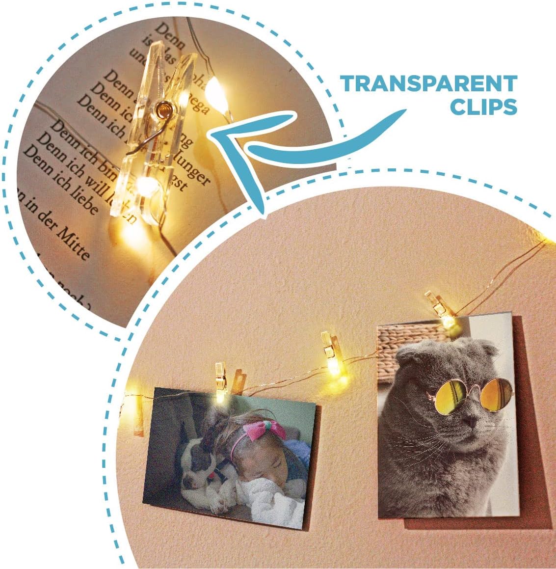 Cadena de luces con clip para fotos (16.4 ft, 50 LED, 30 clavijas), funciona con pilas, luz de hadas colgante para dormitorio
