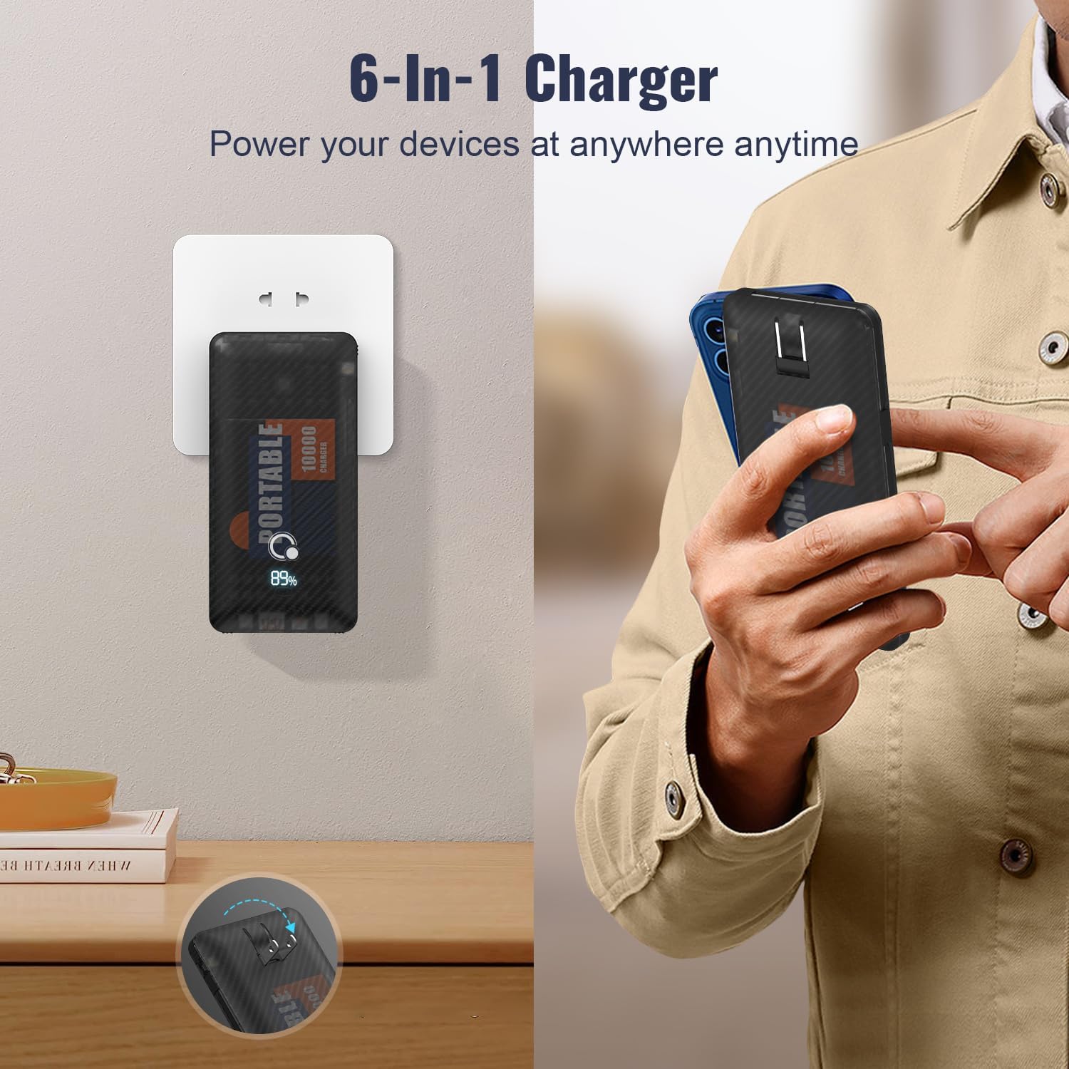 Cargador portátil de 10000 mAh con enchufe de pared de CA, cargador USB C delgado de carga rápida, batería externa tipo C con tres cables integrados