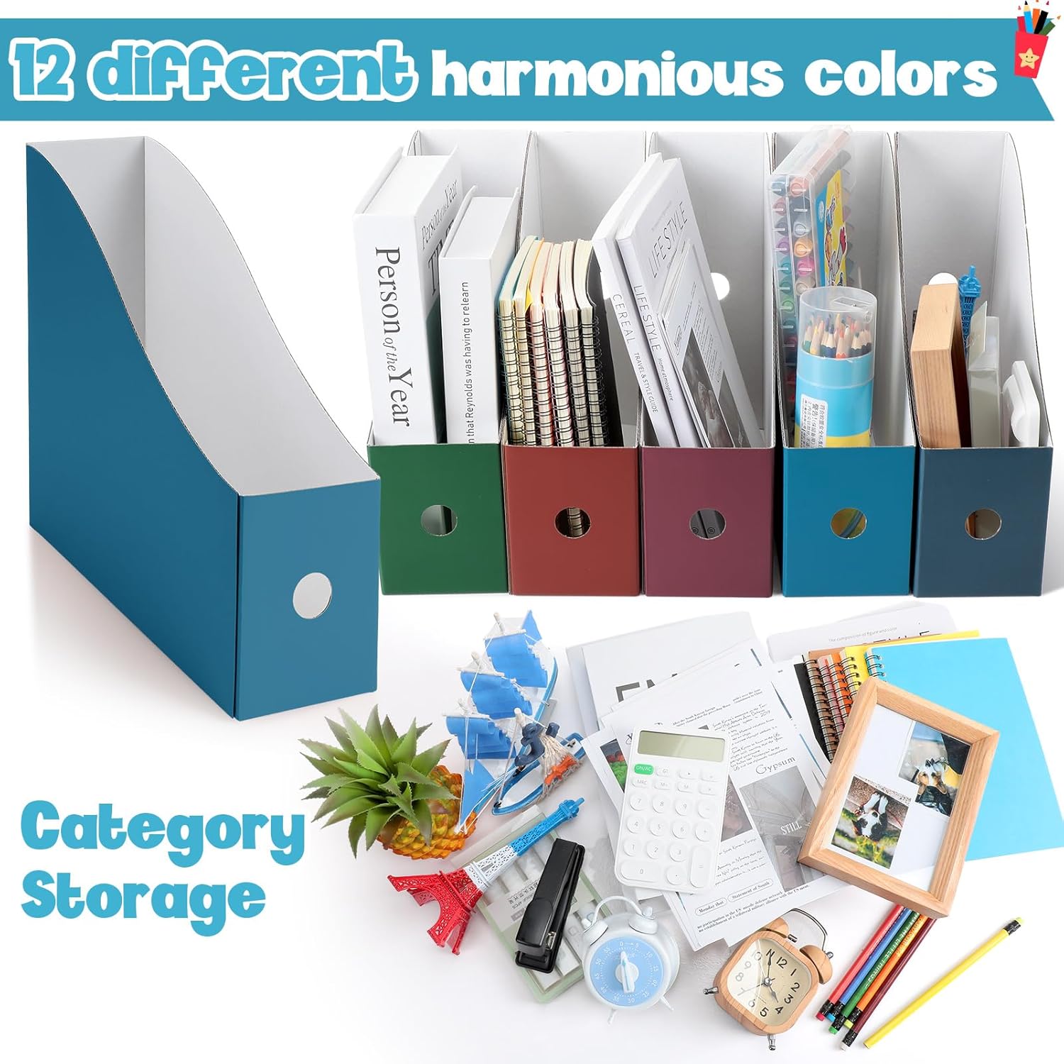 Paquete de 36 soportes de cartón para revistas, 12 colores, revistas, caja de almacenamiento de revistas, carpetas de oficina, organizador de