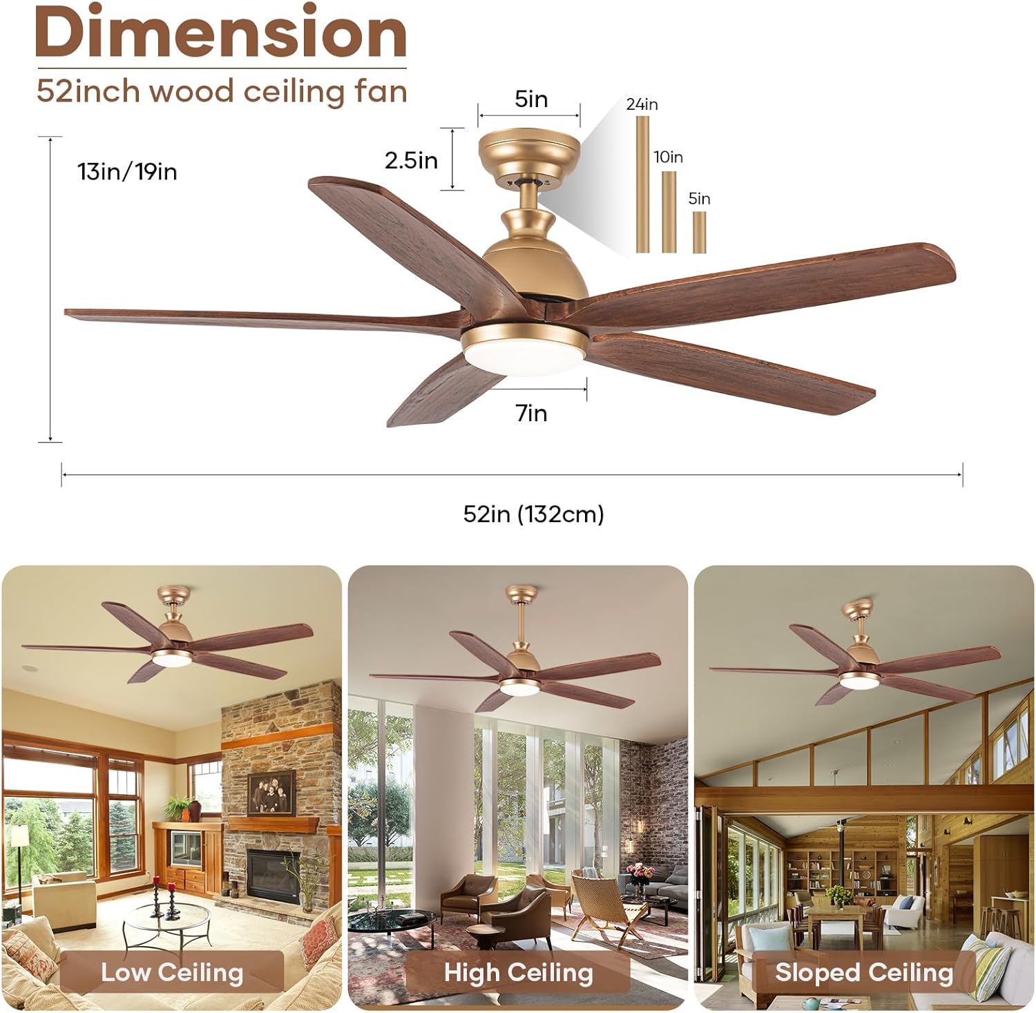 Ventilador de techo dorado de 52 pulgadas con luces y control remoto, ventilador de techo para exteriores con luz, luz LED regulable, ventilador de