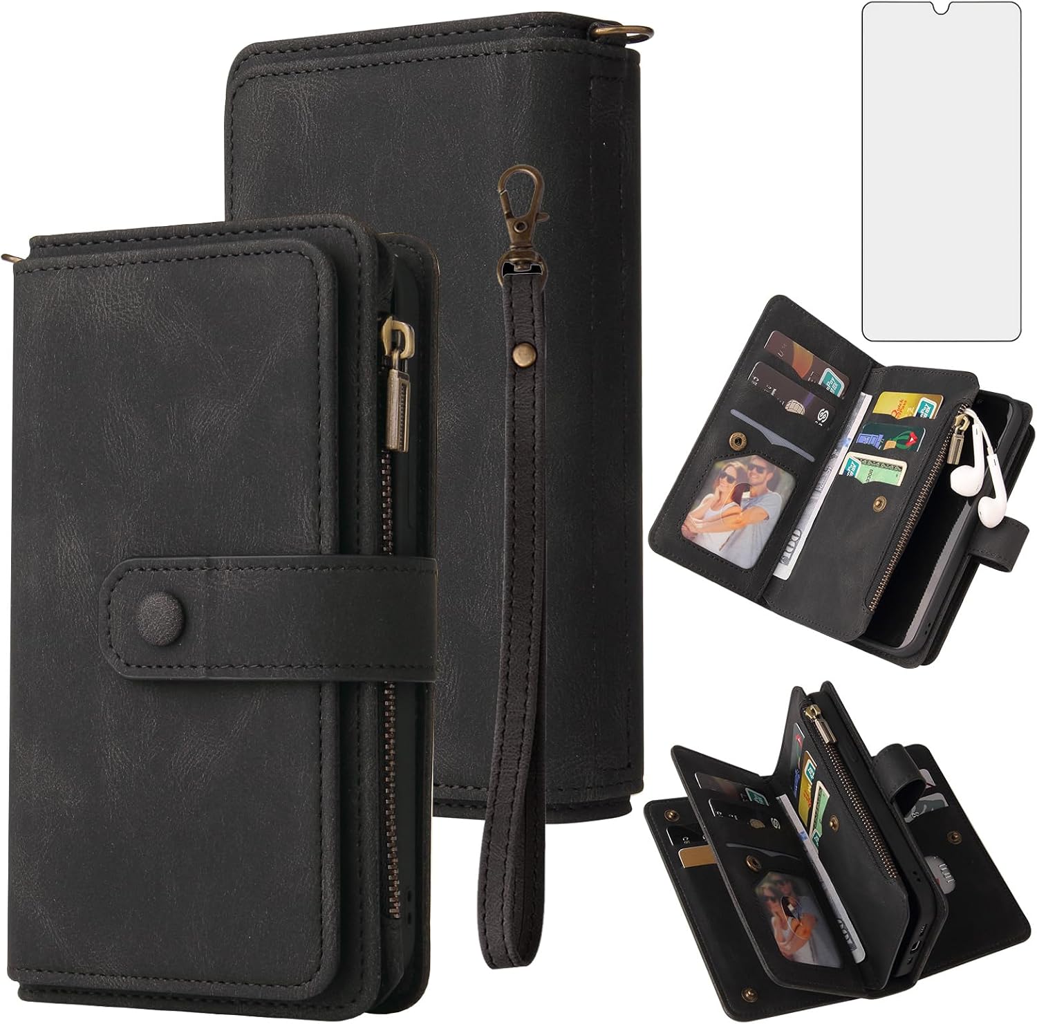 Asuwish Funda de teléfono para Samsung Galaxy A54 5G Funda tipo cartera con protector de pantalla de vidrio templado y correa para la muñeca de