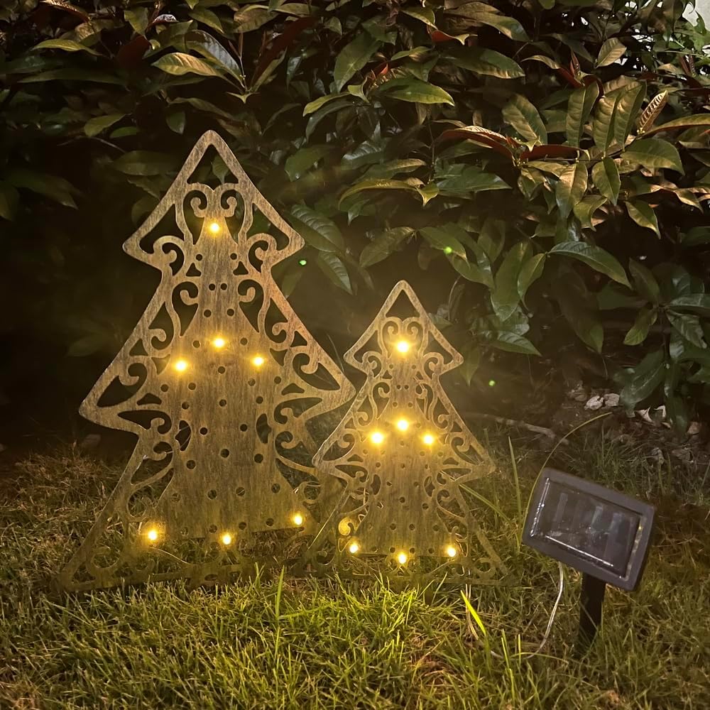 ARTCOS Árbol de Navidad, 14 luces LED, energía solar, paisaje, camino, lámpara de ambiente blanco cálido para patio al aire libre, patio, pasarela,