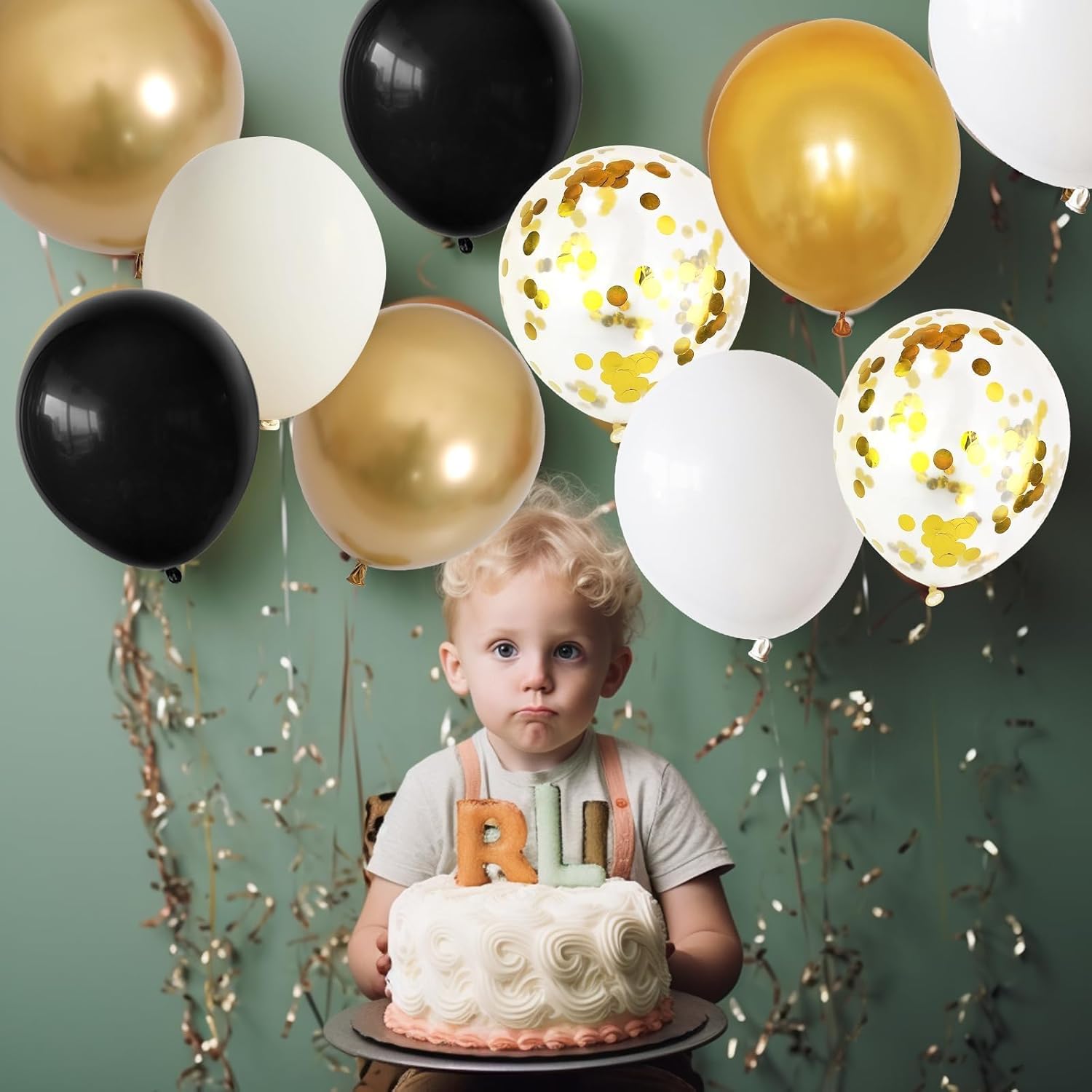 Globos de color negro, dorado y beige, 60 globos de arena negra dorada y blanca con globos de fiesta de confeti dorado metálico para graduación,