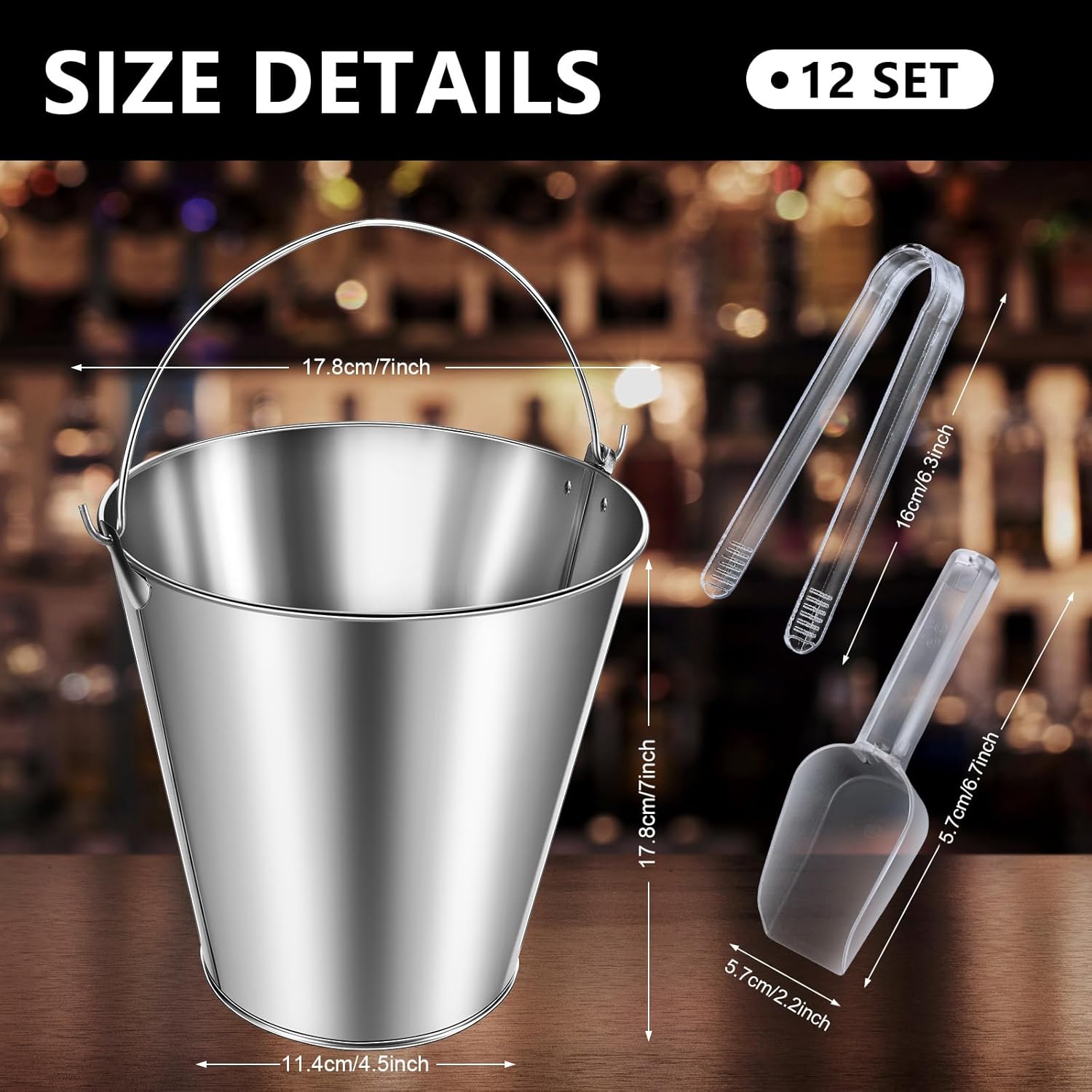 12 juegos de cubos galvanizados con pinza y cuchara, incluye 12 cubos de cerveza de 7 pulgadas y 100 onzas, cubos de hielo de metal con asa, 6