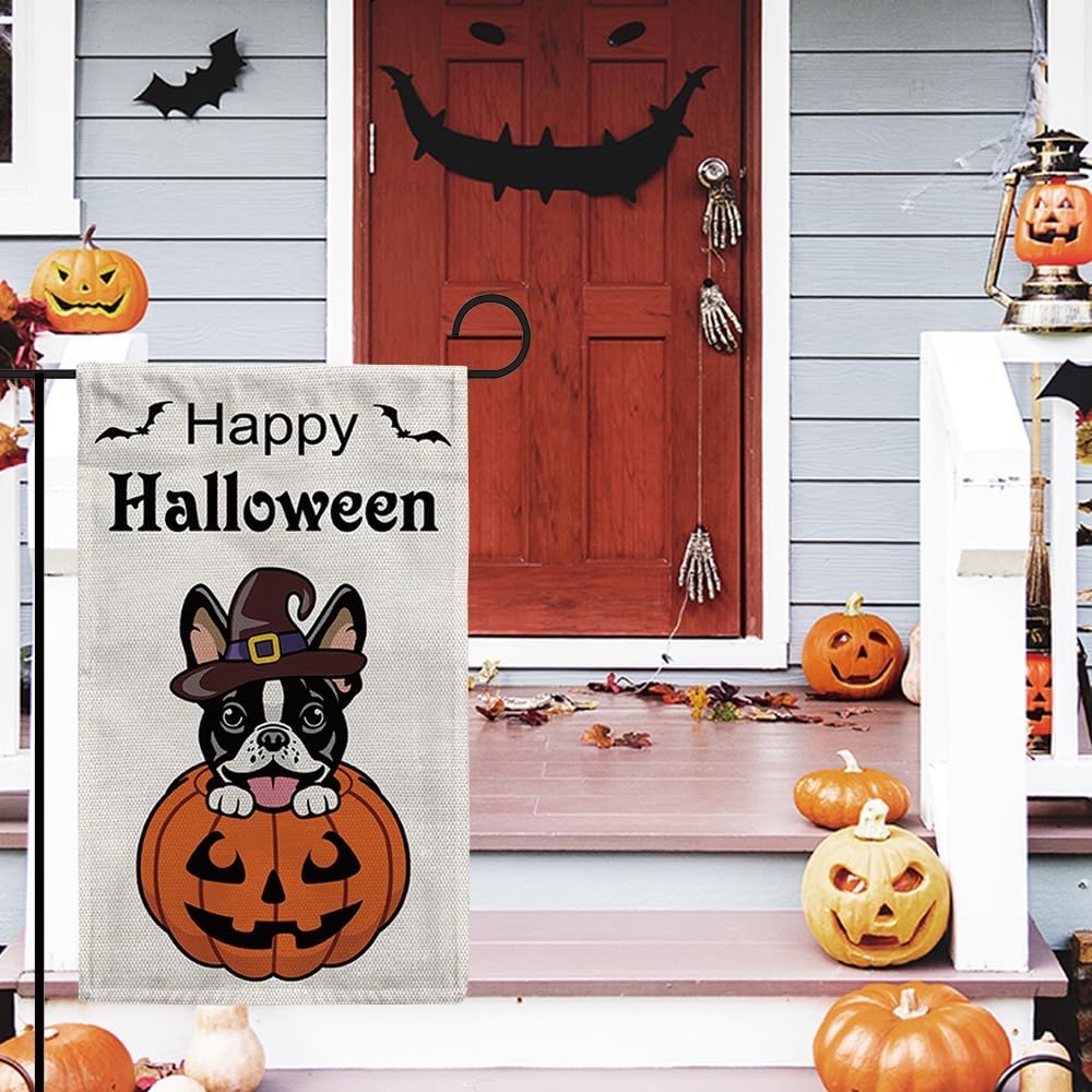 Bandera de jardín de perro Pitbull marrón sonriente de Halloween de 12.5 x 18 pulgadas, vertical de doble cara con sombrero de bruja y calabaza para