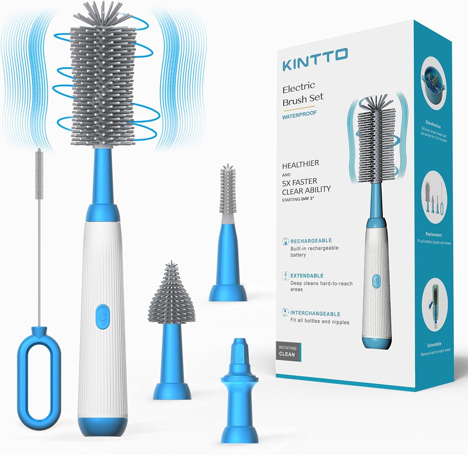 KINTTO Limpiador eléctrico de cepillo para botellas con recargable, limpieza para bebéaguavinotermo, resistente al agua, 2 pezones y popote de