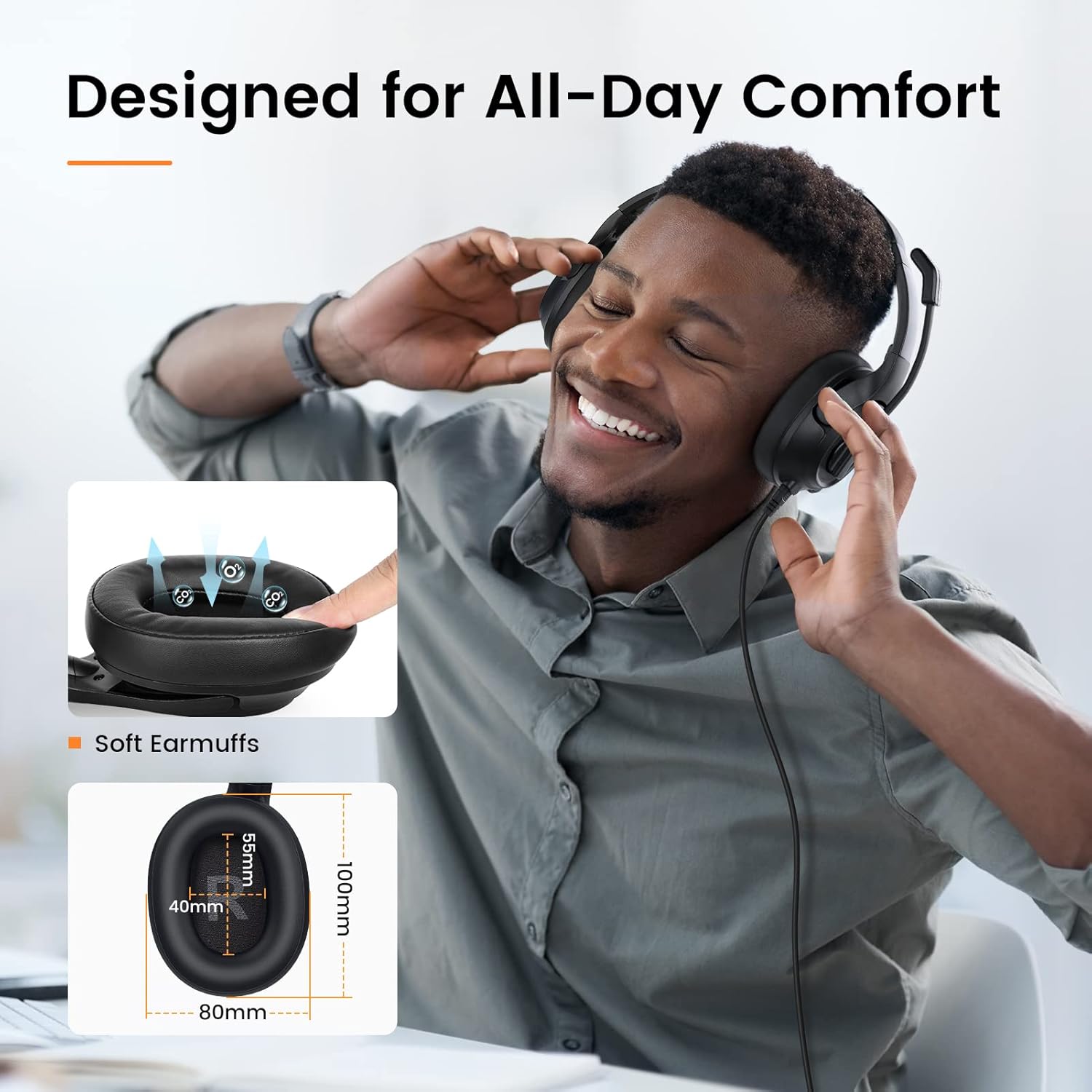 EKSA Auriculares con micrófono para laptop, auriculares con cable para computadora con controles de volumen y silencio de micrófono, auriculares
