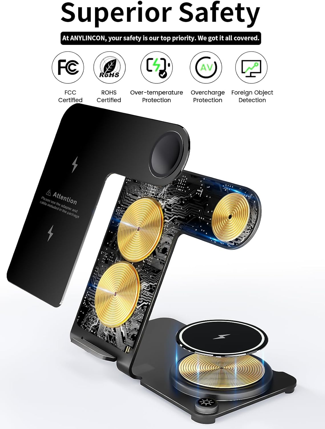 Cargador inalámbrico, estación de carga inalámbrica 3 en 1 de aleación de aluminio para Apple iPhoneiWatchAirpods, iPhone15 14,13,12,11 (Pro,