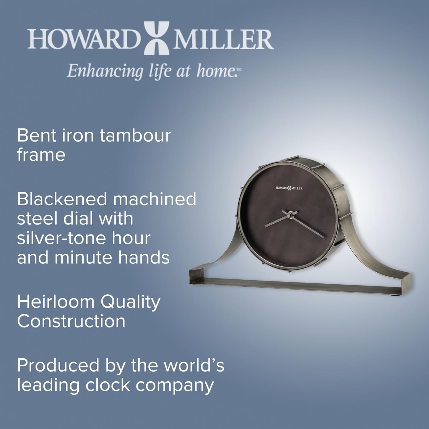 Howard Miller Seeley – Reloj de repisa 635-208 – Acabado plateado envejecido, marco de metal de tambor de hierro doblado, esfera de acero