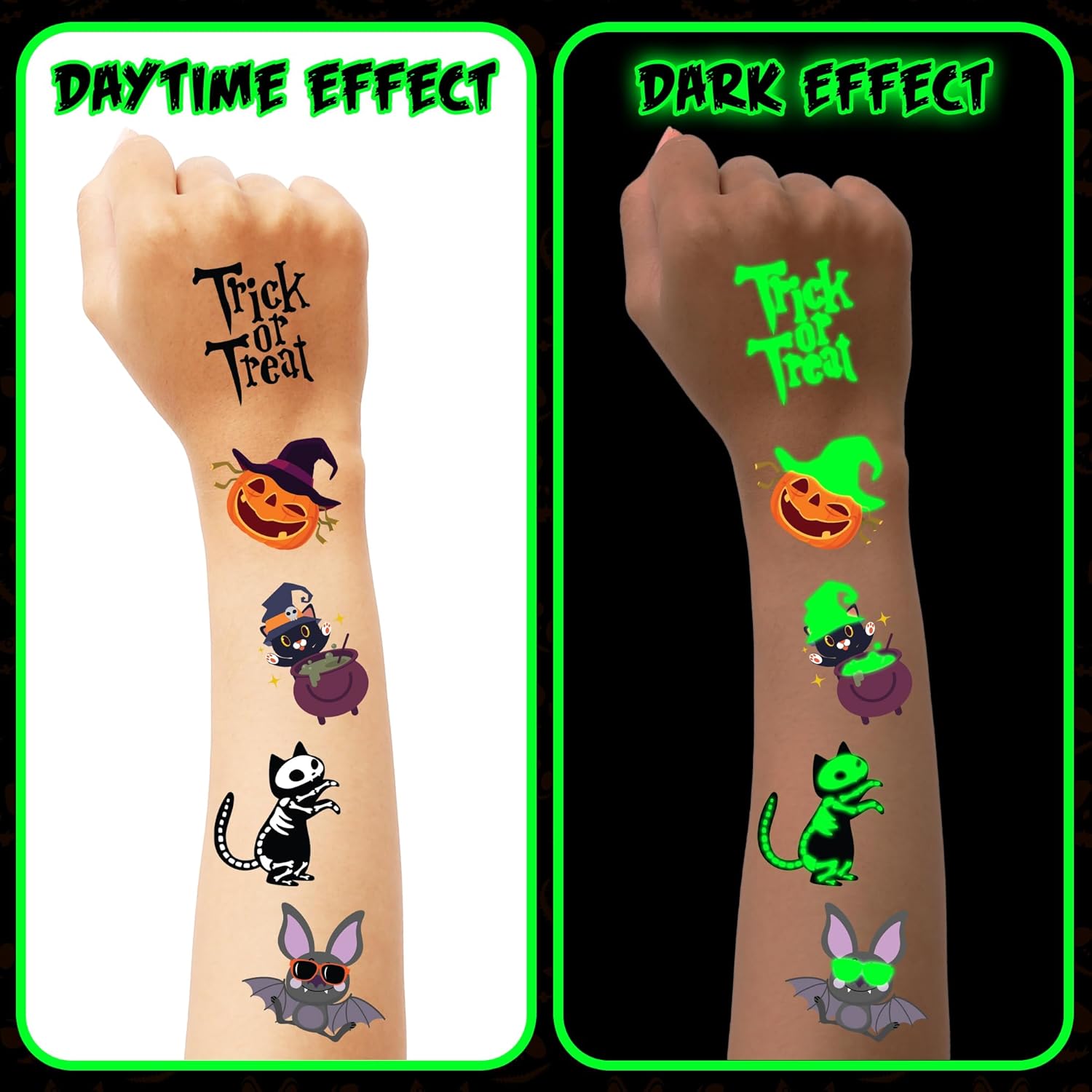 ArtCreativity Tatuajes temporales de Halloween que brillan en la oscuridad, juego de 144, tatuajes temporales para niños en 12 diseños